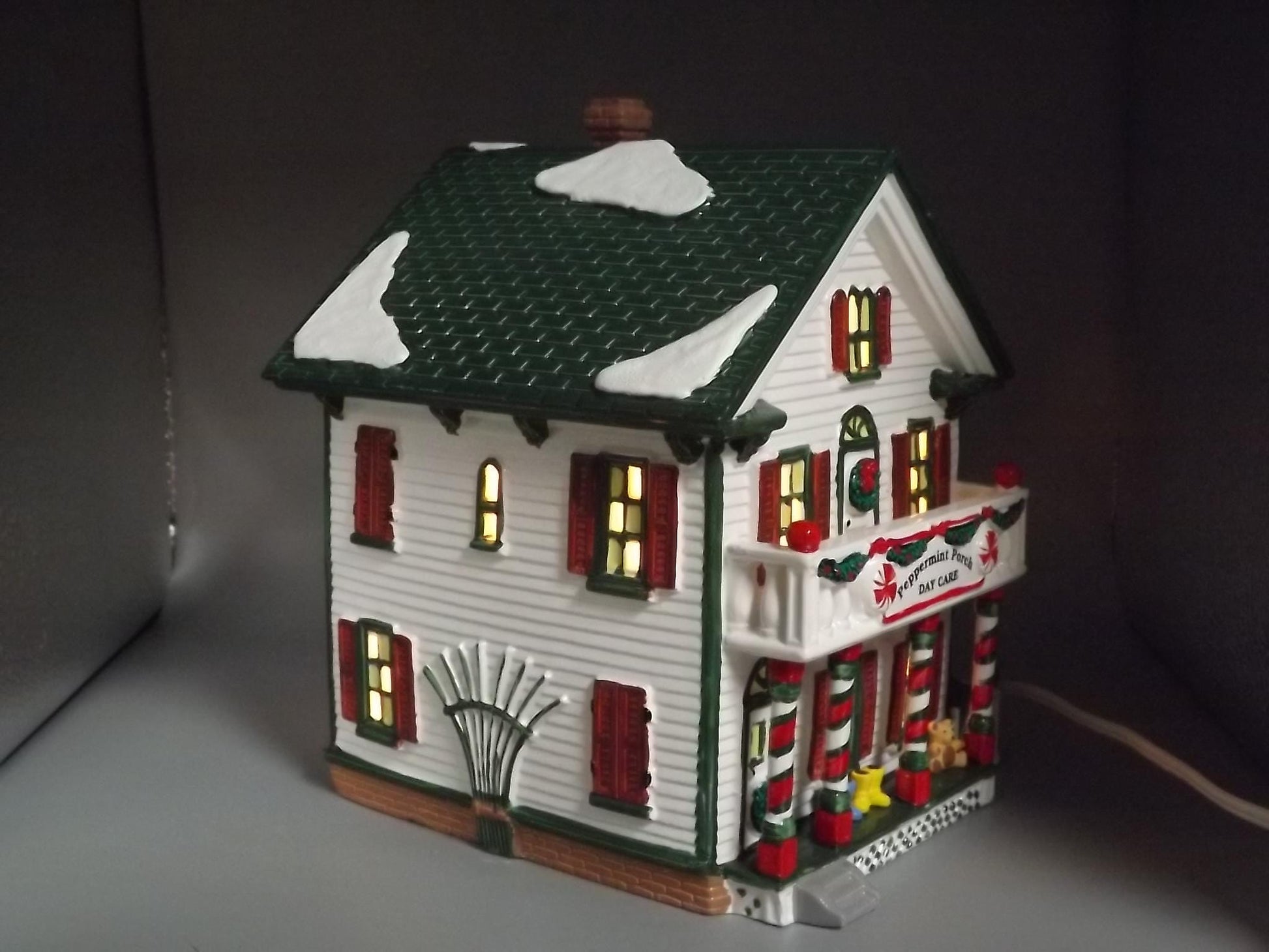Vintage 1995 Snow Village Peppermint Porch Daycare: Illuminated Christmas Village Display