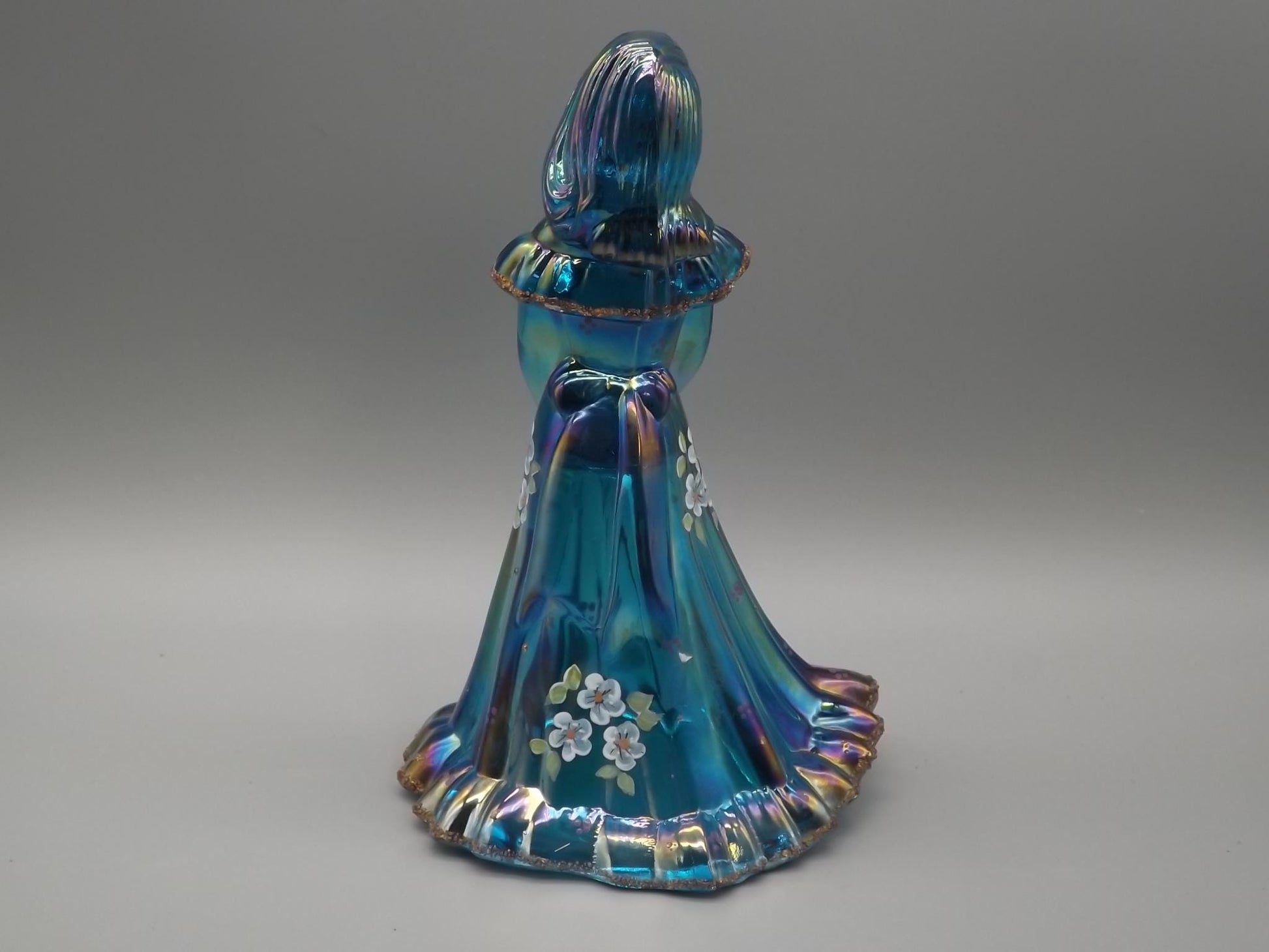 Vintage Fenton Bridesmaid Figurine: Iridescent Blue Glass, Hand-Painted