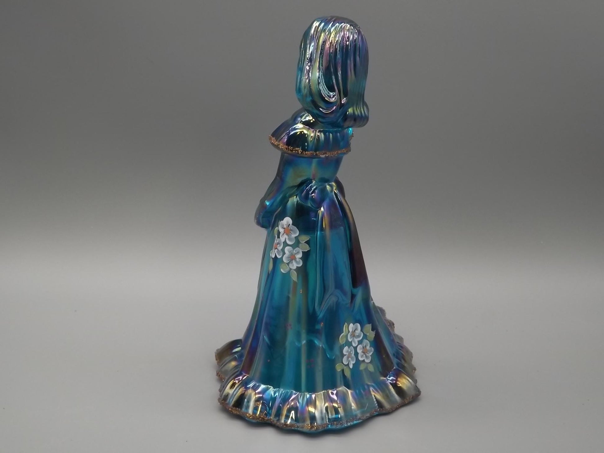 Vintage Fenton Bridesmaid Figurine: Iridescent Blue Glass, Hand-Painted