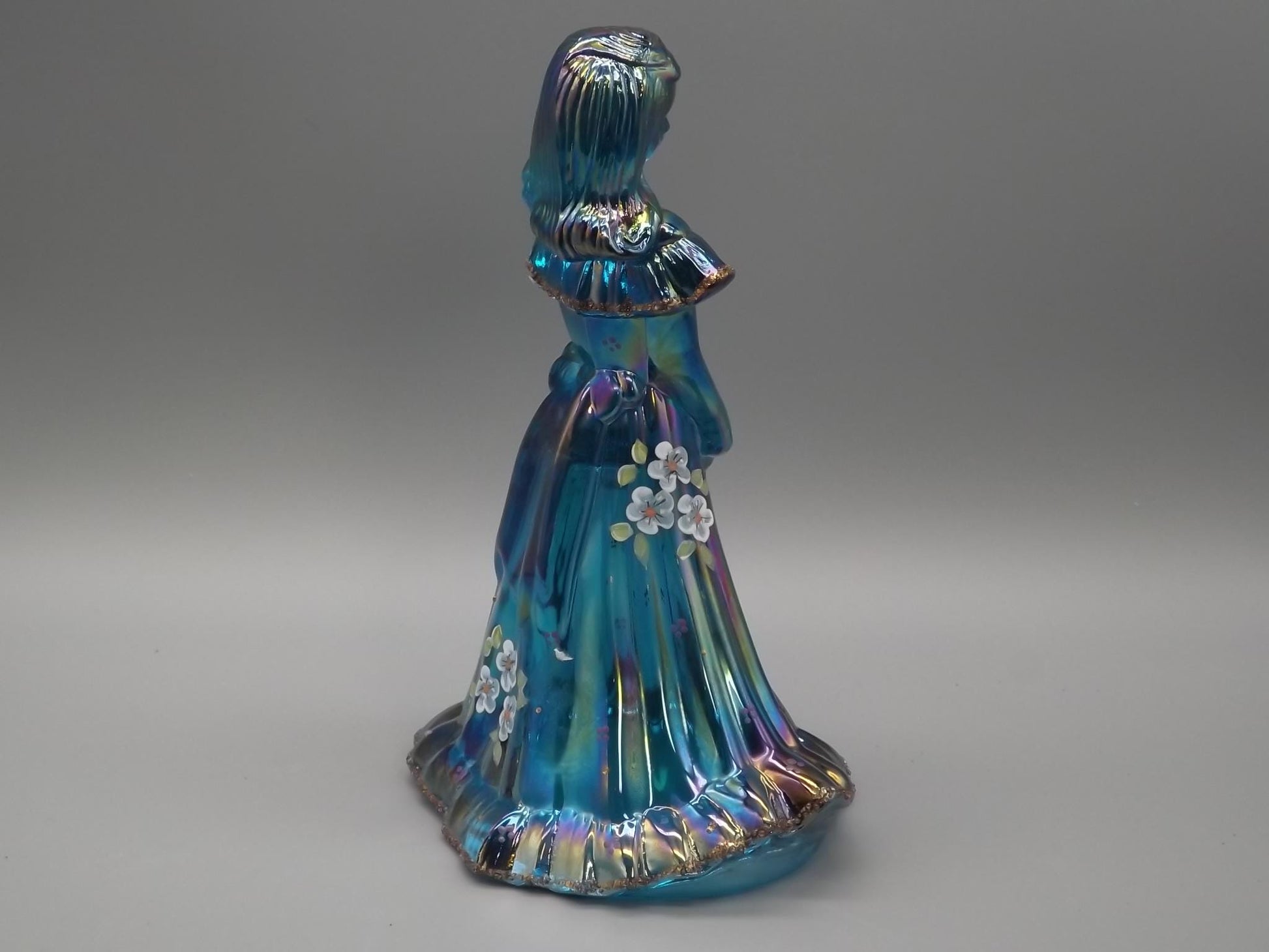Vintage Fenton Bridesmaid Figurine: Iridescent Blue Glass, Hand-Painted