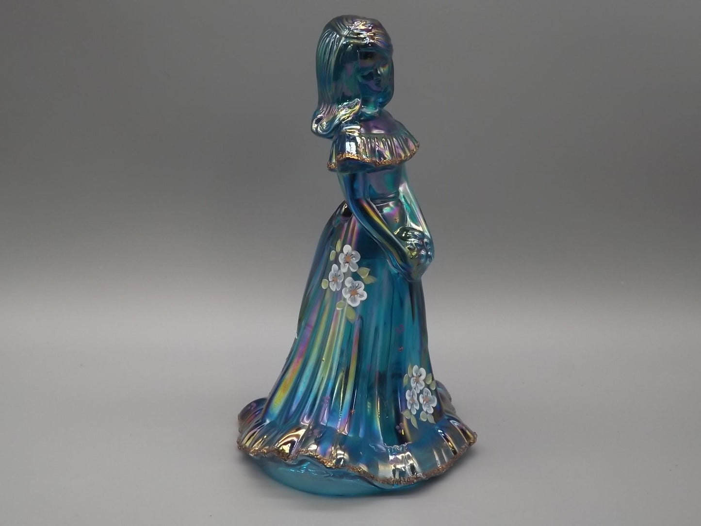 Vintage Fenton Bridesmaid Figurine: Iridescent Blue Glass, Hand-Painted