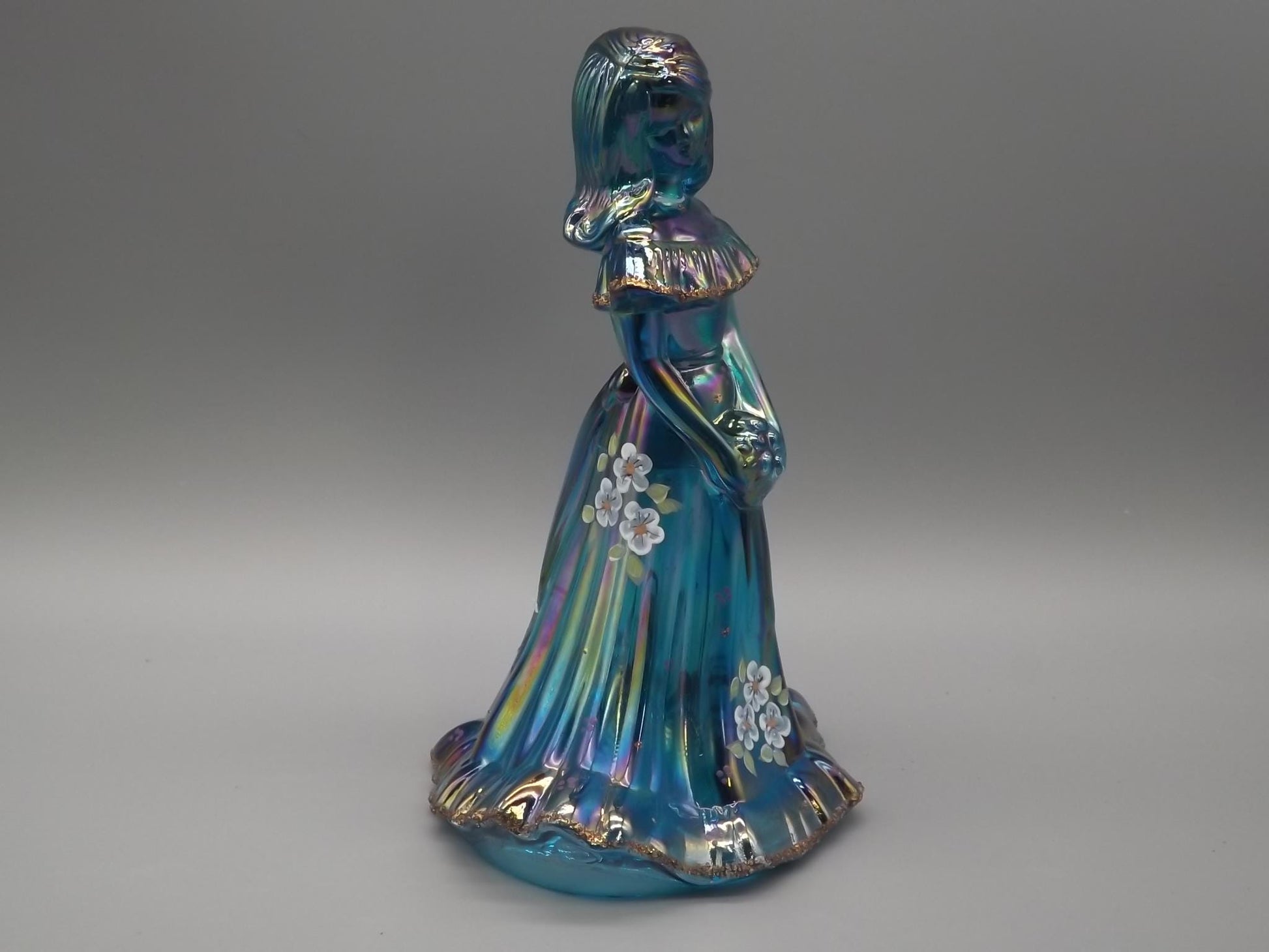 Vintage Fenton Bridesmaid Figurine: Iridescent Blue Glass, Hand-Painted