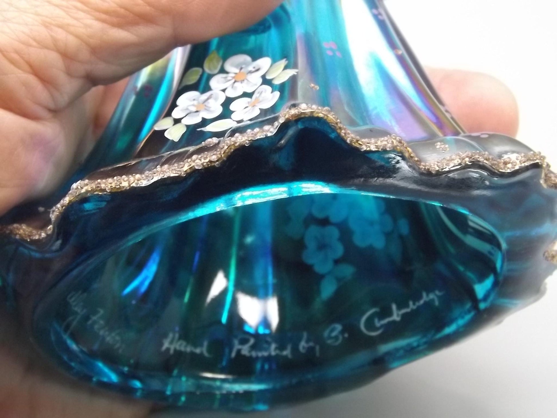 Vintage Fenton Bridesmaid Figurine: Iridescent Blue Glass, Hand-Painted