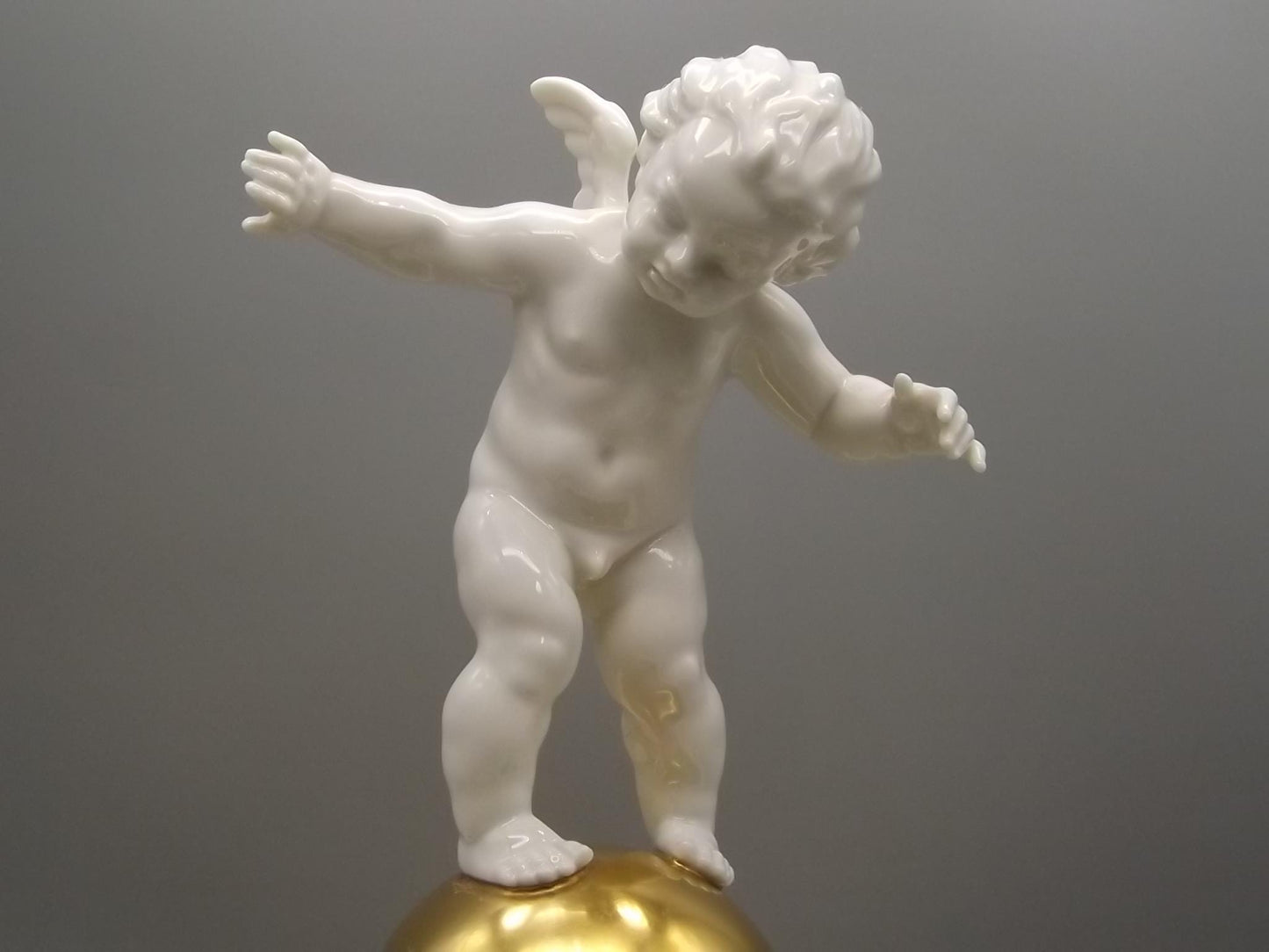 Vintage Hutschenreuther Porcelain Cherub Flower Frog on Gold Sphere