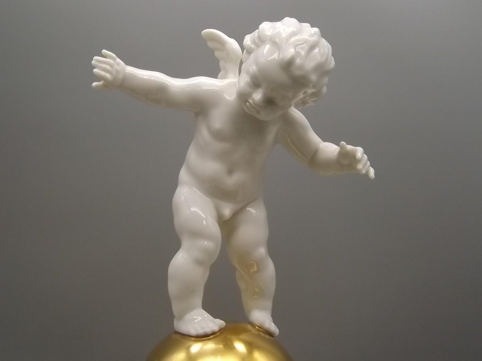 Vintage Hutschenreuther Porcelain Cherub Flower Frog on Gold Sphere