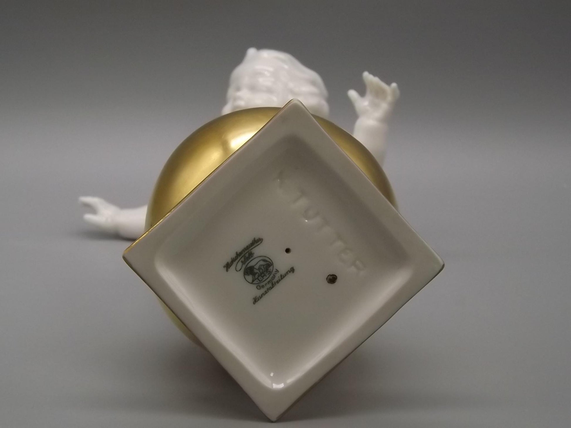 Vintage Hutschenreuther Porcelain Cherub Flower Frog on Gold Sphere