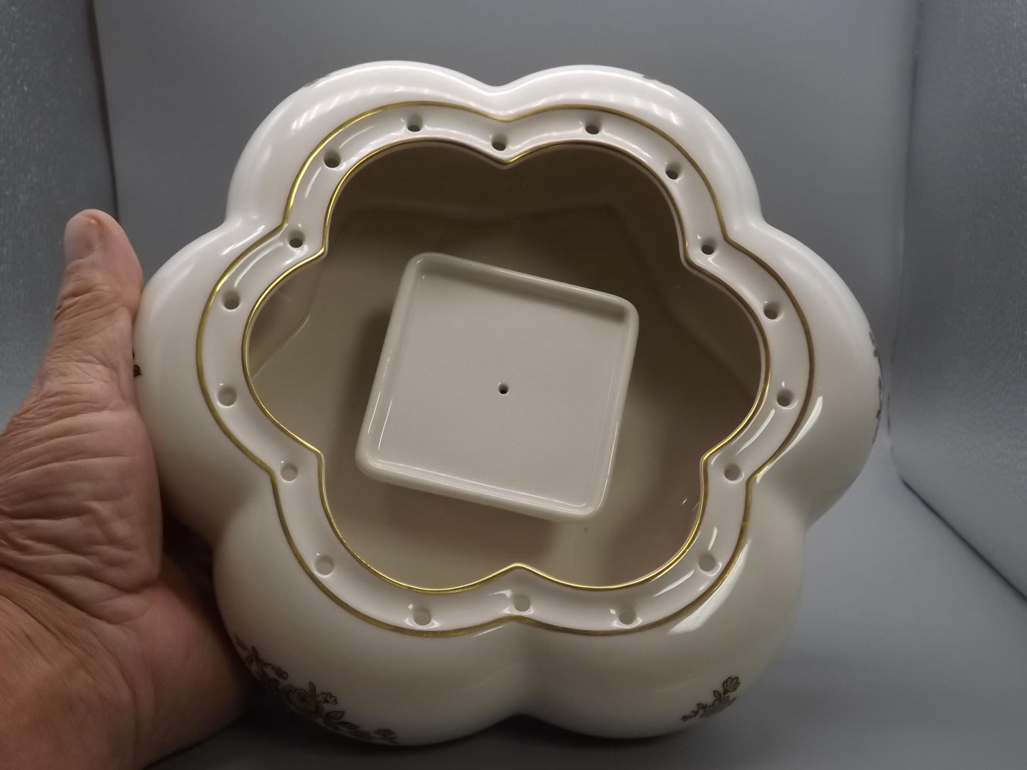 Vintage Hutschenreuther Porcelain Cherub Flower Frog on Gold Sphere