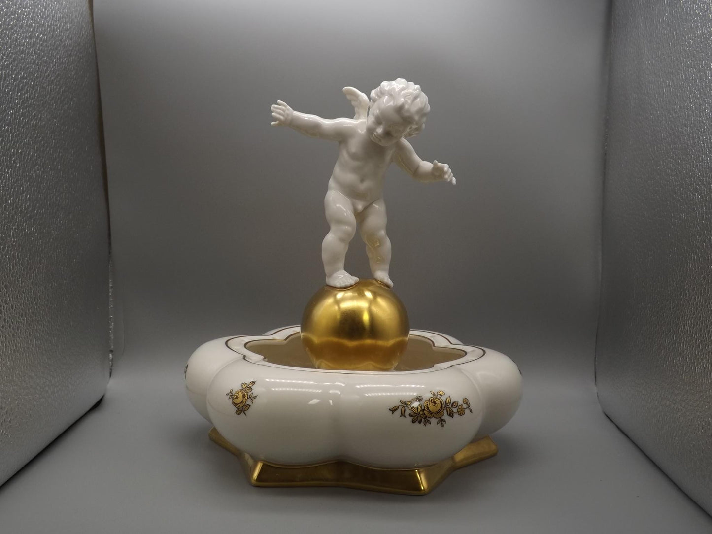 Vintage Hutschenreuther Porcelain Cherub Flower Frog on Gold Sphere