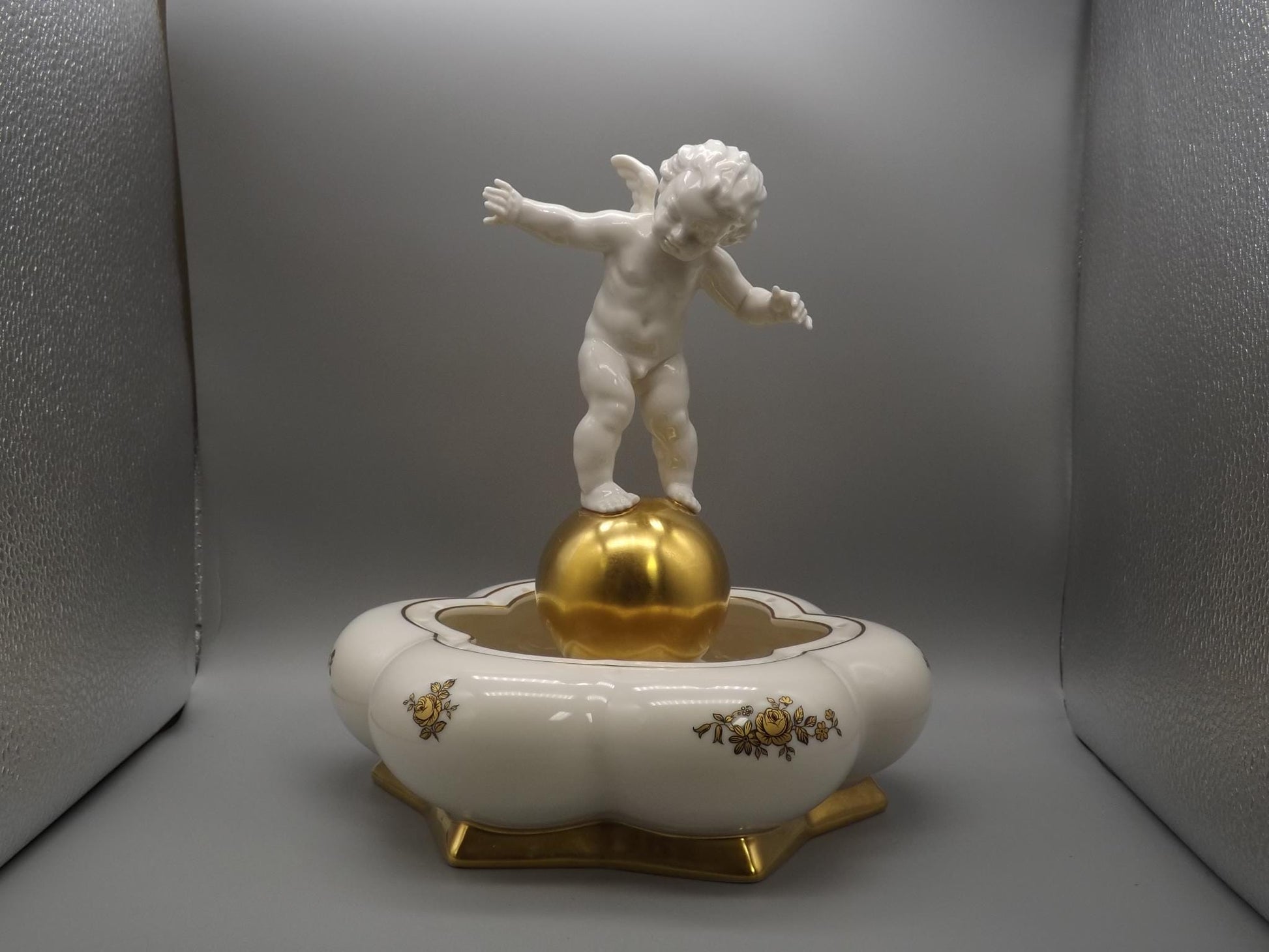 Vintage Hutschenreuther Porcelain Cherub Flower Frog on Gold Sphere