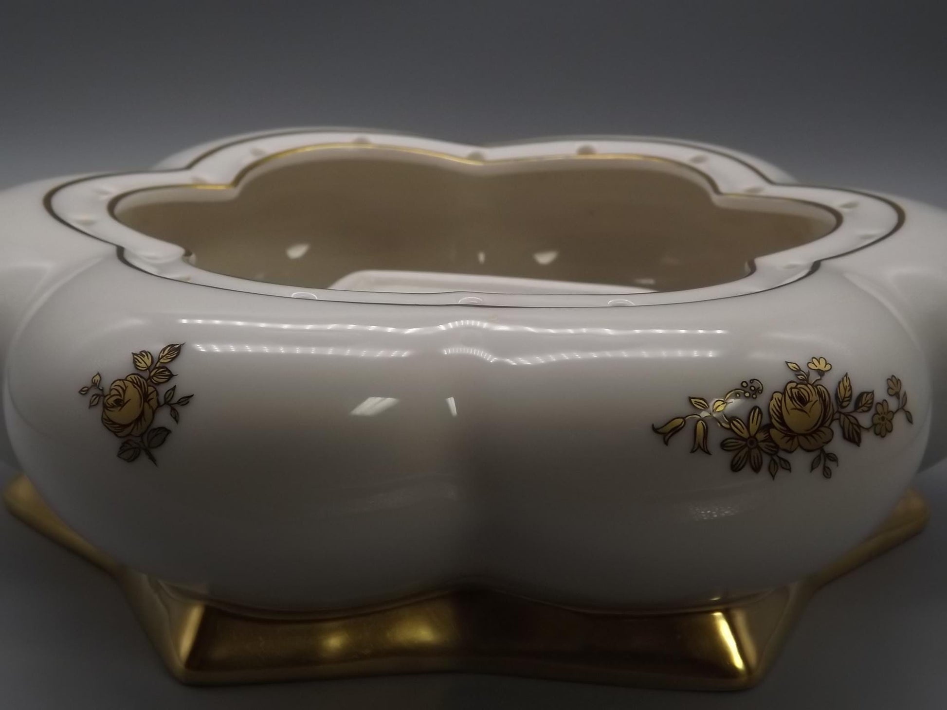 Vintage Hutschenreuther Porcelain Cherub Flower Frog on Gold Sphere