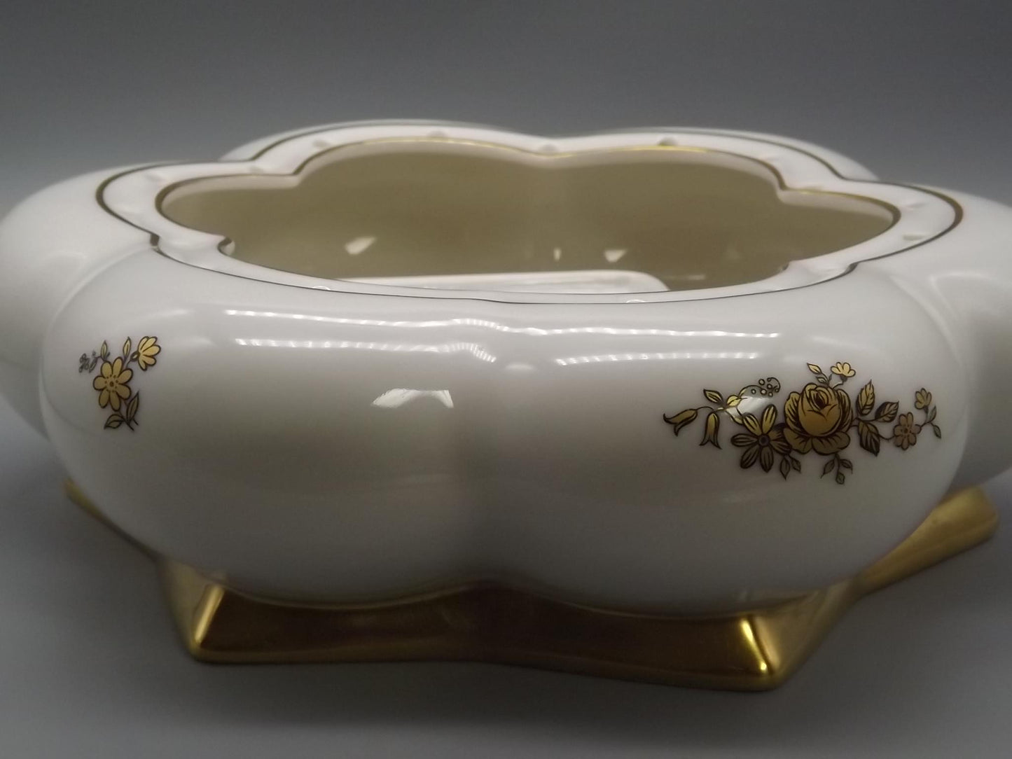 Vintage Hutschenreuther Porcelain Cherub Flower Frog on Gold Sphere