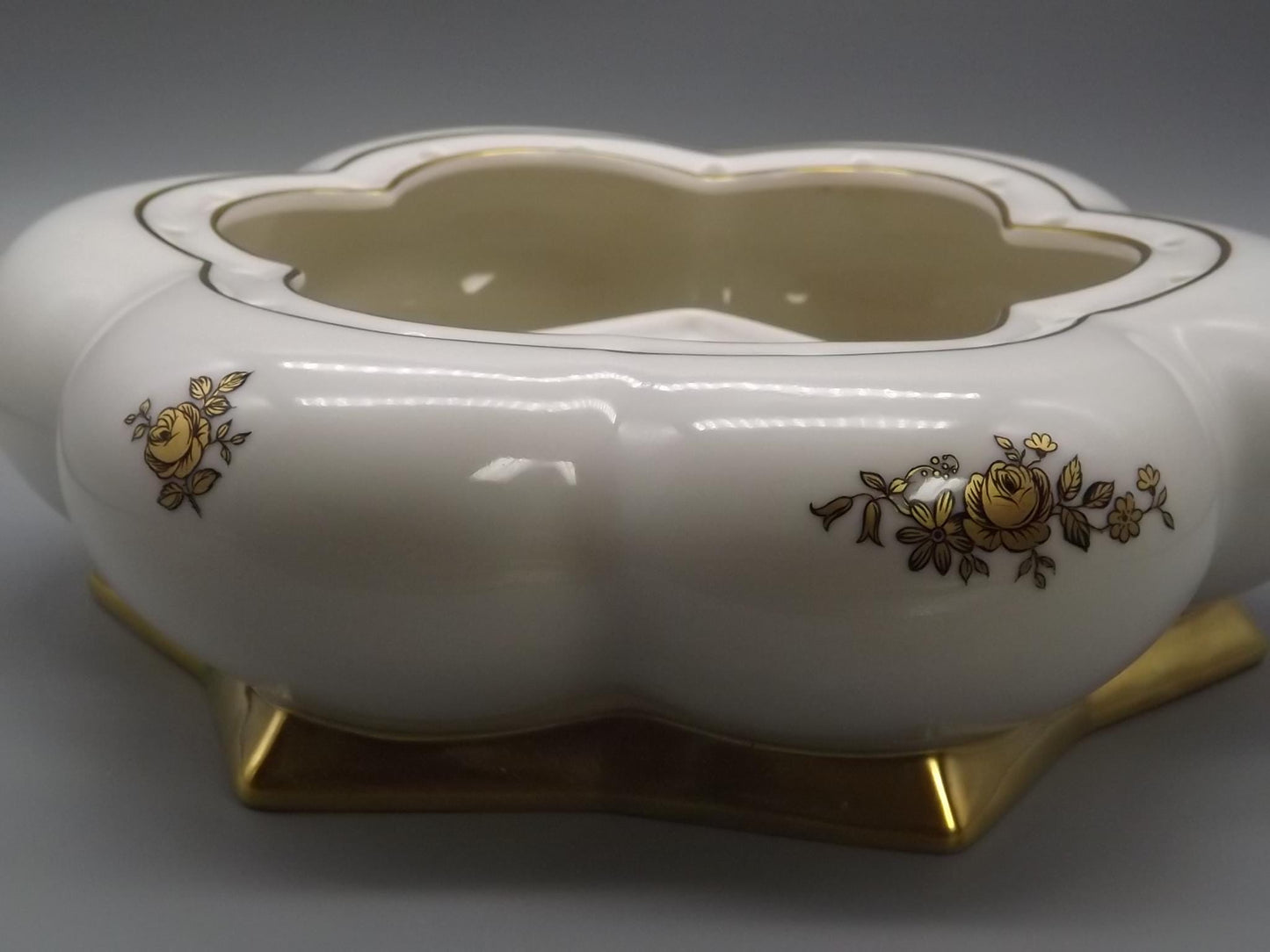 Vintage Hutschenreuther Porcelain Cherub Flower Frog on Gold Sphere