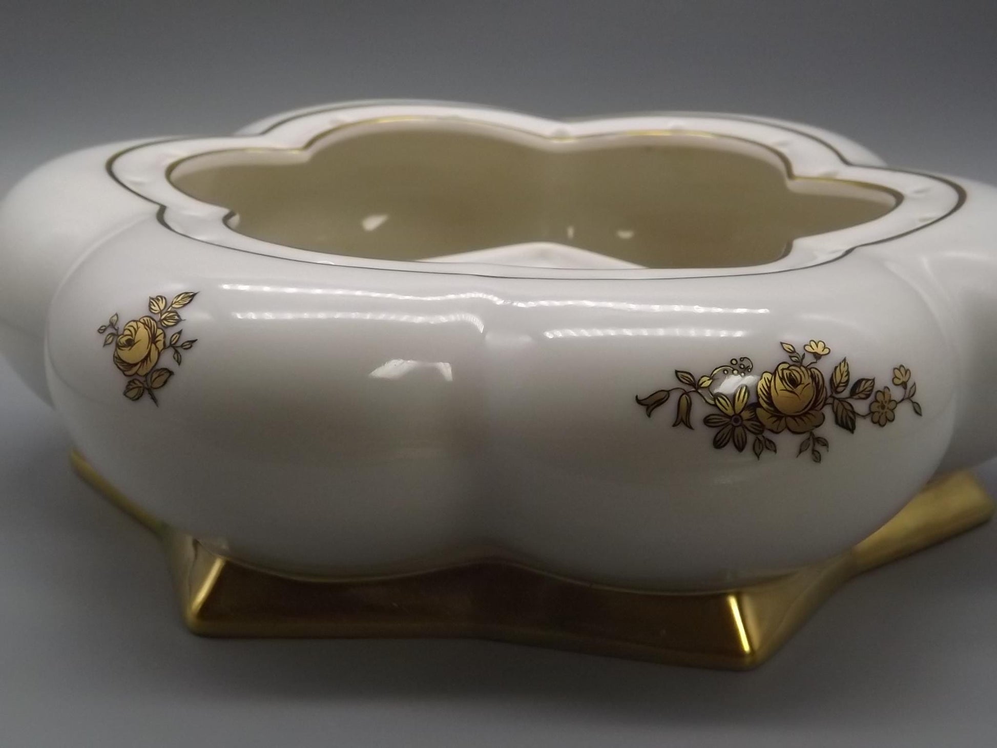 Vintage Hutschenreuther Porcelain Cherub Flower Frog on Gold Sphere