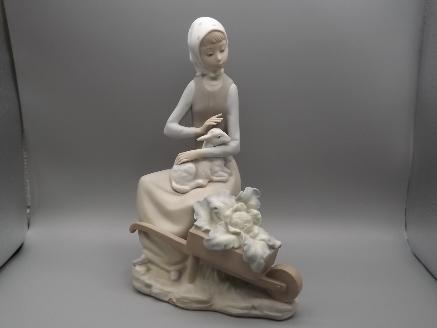 Vintage Lladro Figurine: Girl with Lamb & Wheelbarrow, Matte Finish #4816