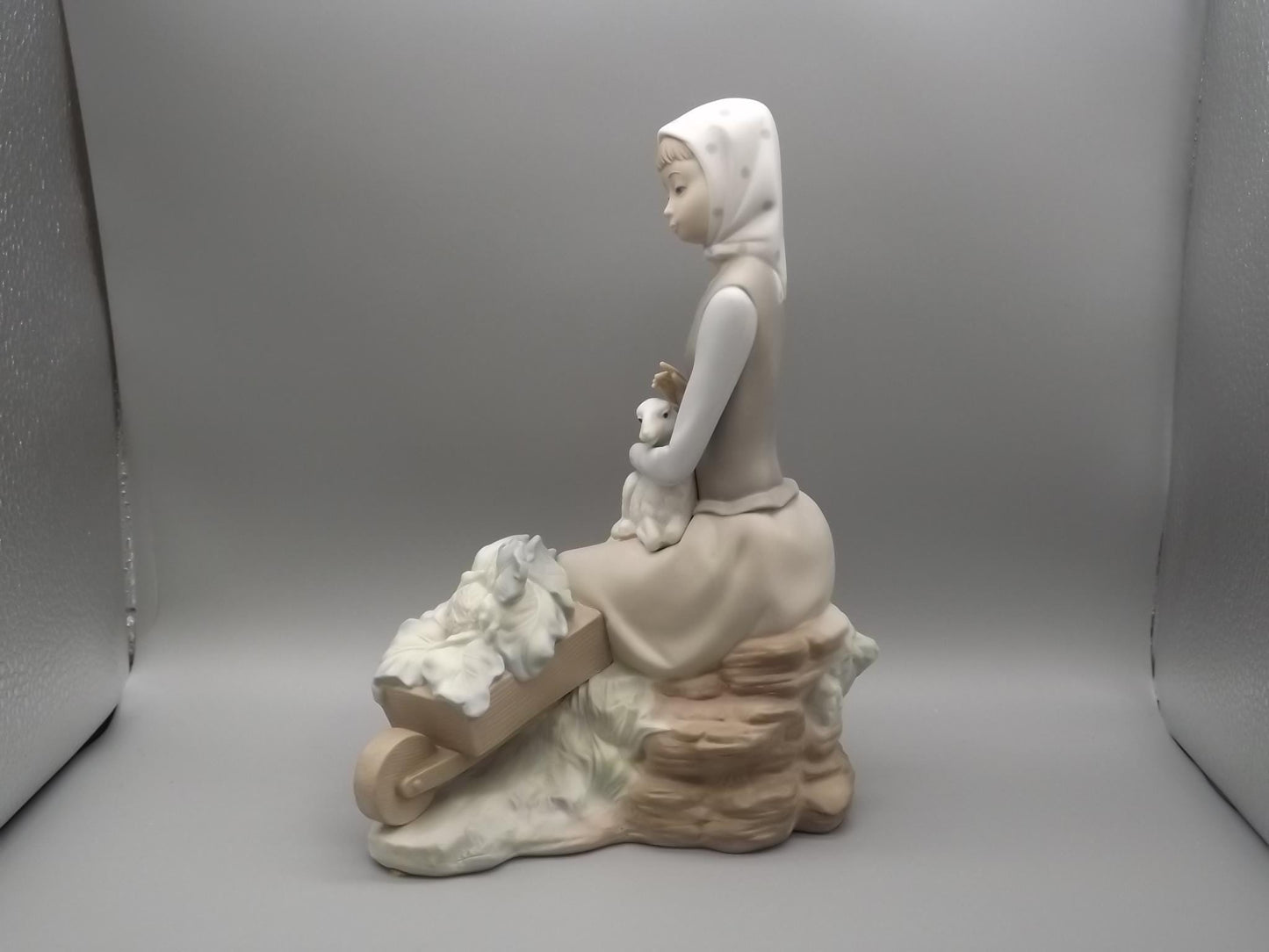 Vintage Lladro Figurine: Girl with Lamb & Wheelbarrow, Matte Finish #4816