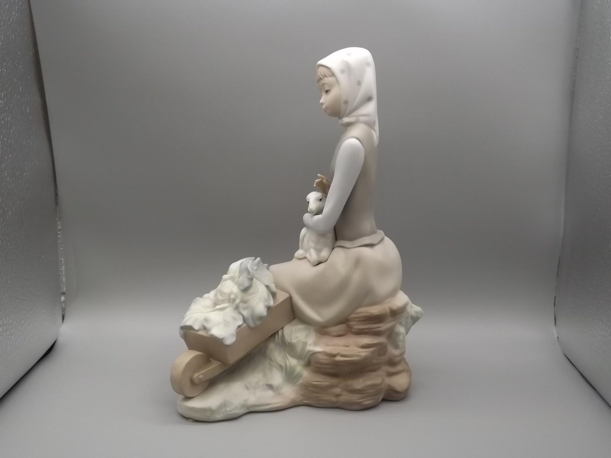 Vintage Lladro Figurine: Girl with Lamb & Wheelbarrow, Matte Finish #4816