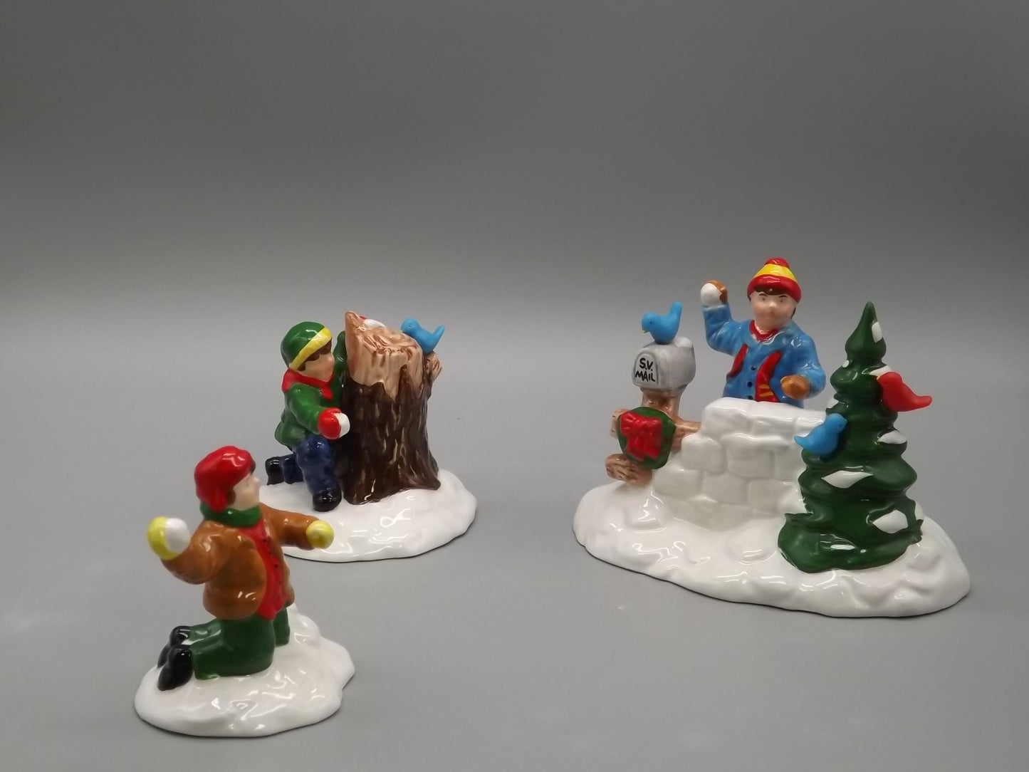 Vintage #5414-3 Snow Village "Snowball fort" Children having an old fashioned snowball fight for seasonal village scenes. With box.