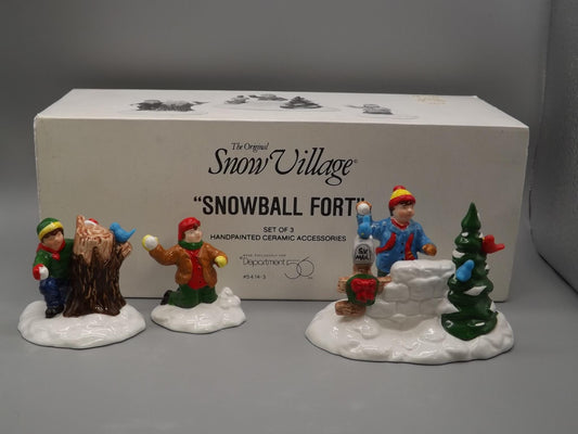 Vintage #5414-3 Snow Village "Snowball fort" Children having an old fashioned snowball fight for seasonal village scenes. With box.