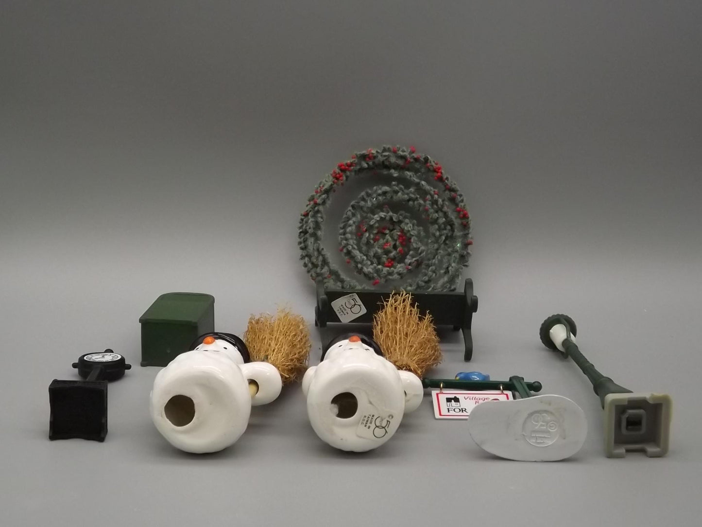 Vintage Snow Village Accessories: Snowmen, Bench, Clock, Sign