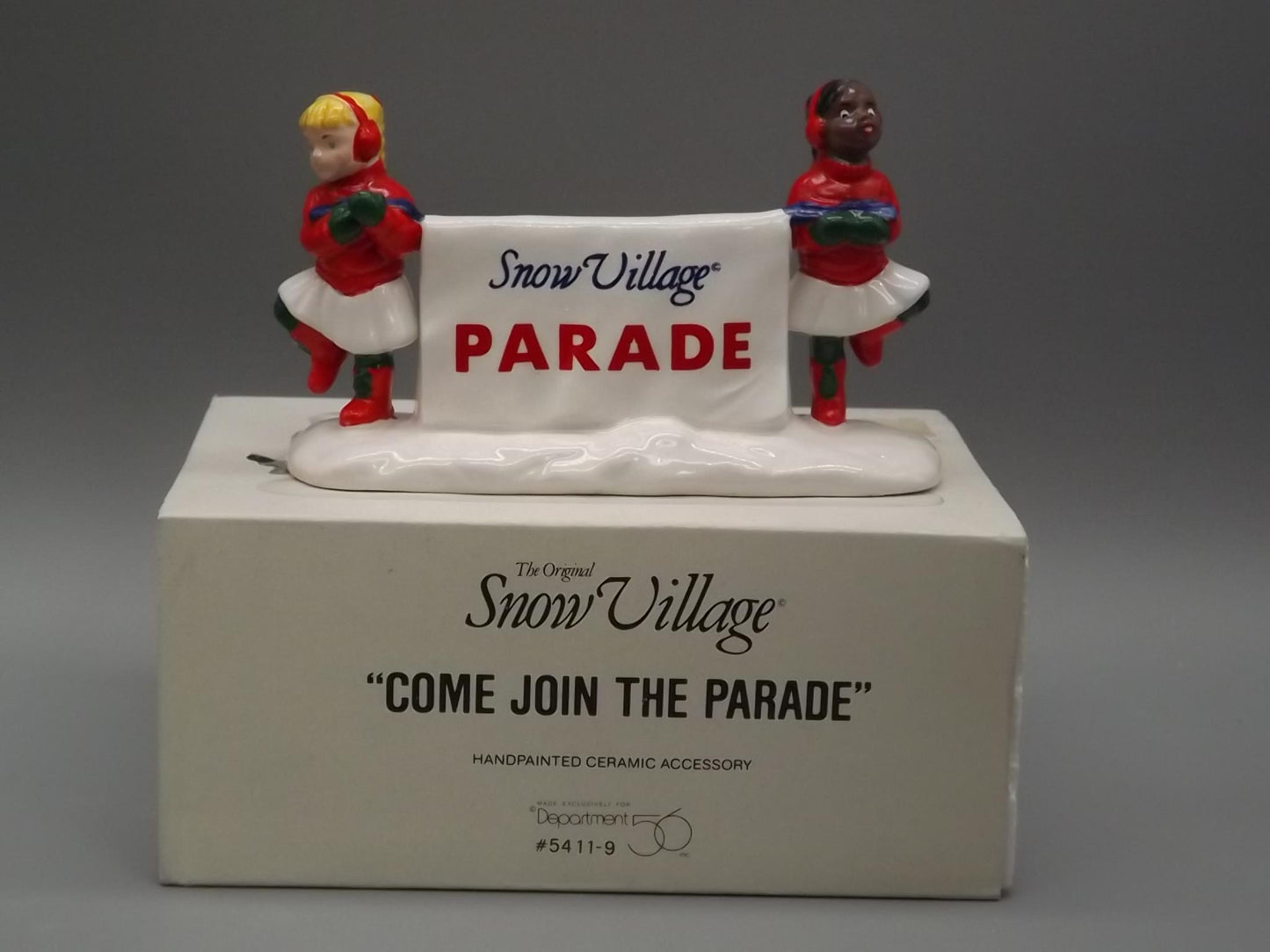 Vintage Snow Village Figurine: "Come Join the Parade" Banner Girls, #5411-9 (With Box)