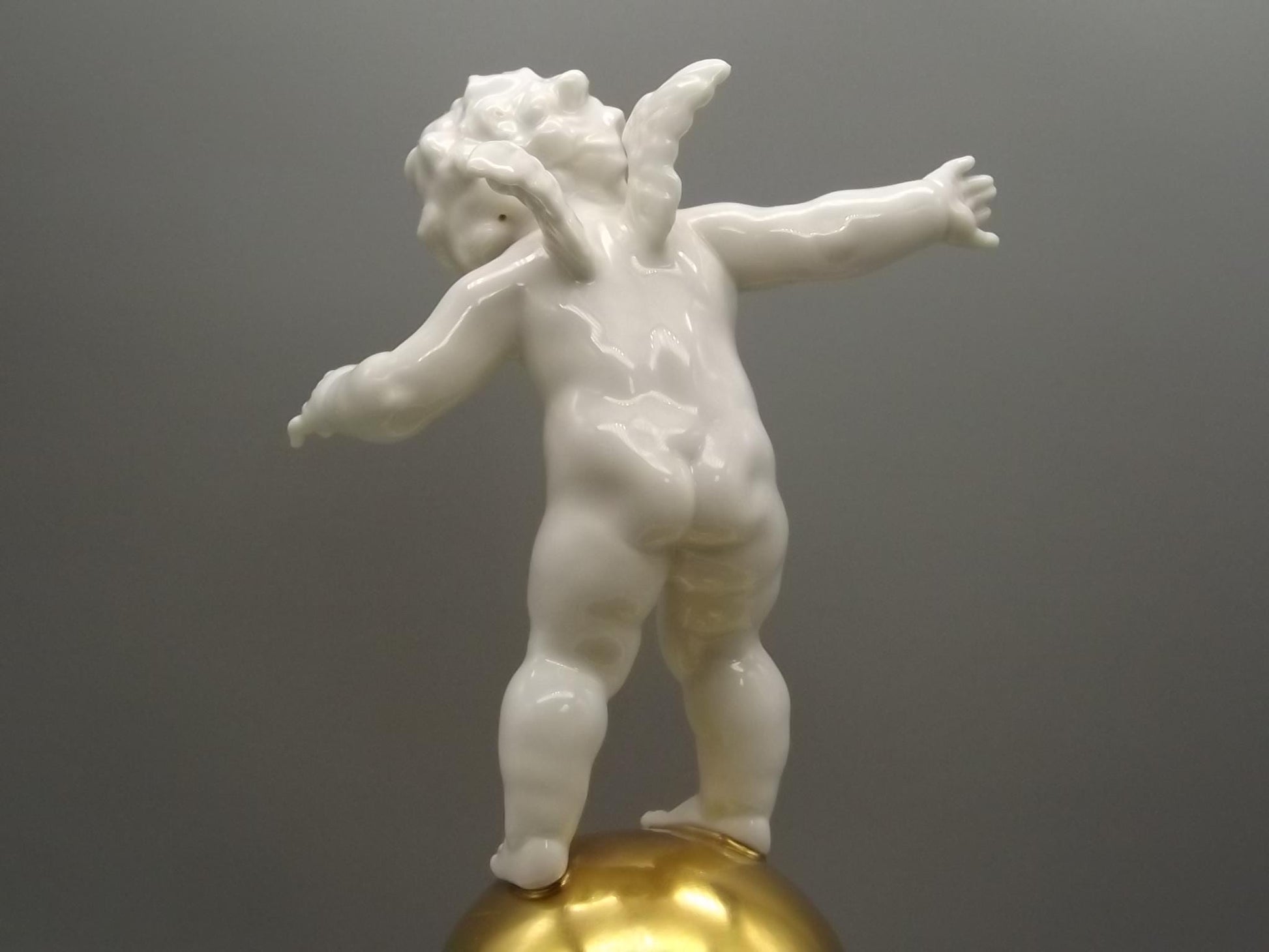 Vintage Hutschenreuther Porcelain Cherub Flower Frog on Gold Sphere