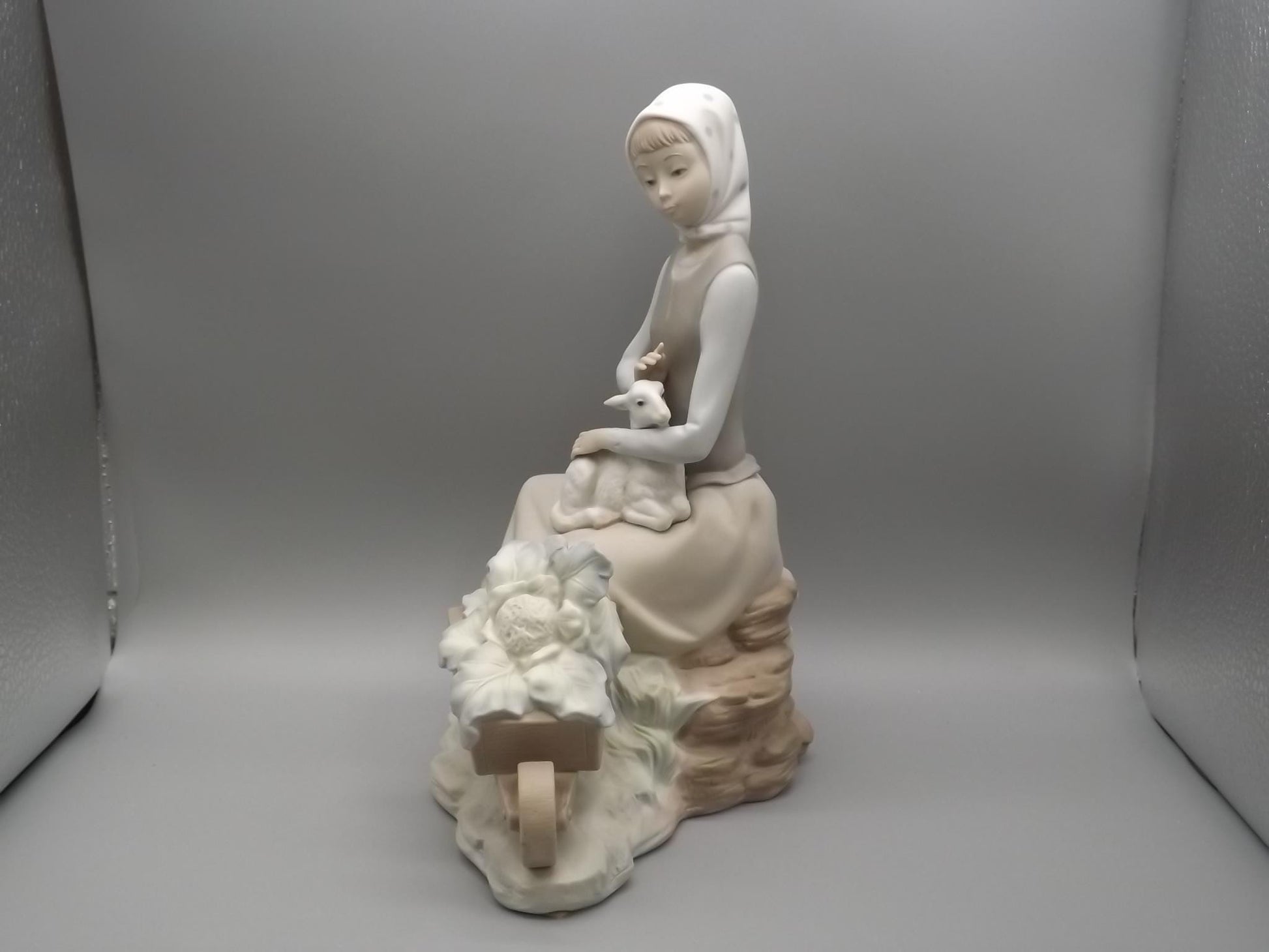 Vintage Lladro Figurine: Girl with Lamb & Wheelbarrow, Matte Finish #4816