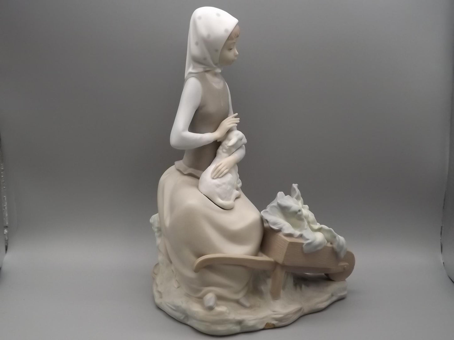 Vintage Lladro Figurine: Girl with Lamb & Wheelbarrow, Matte Finish #4816