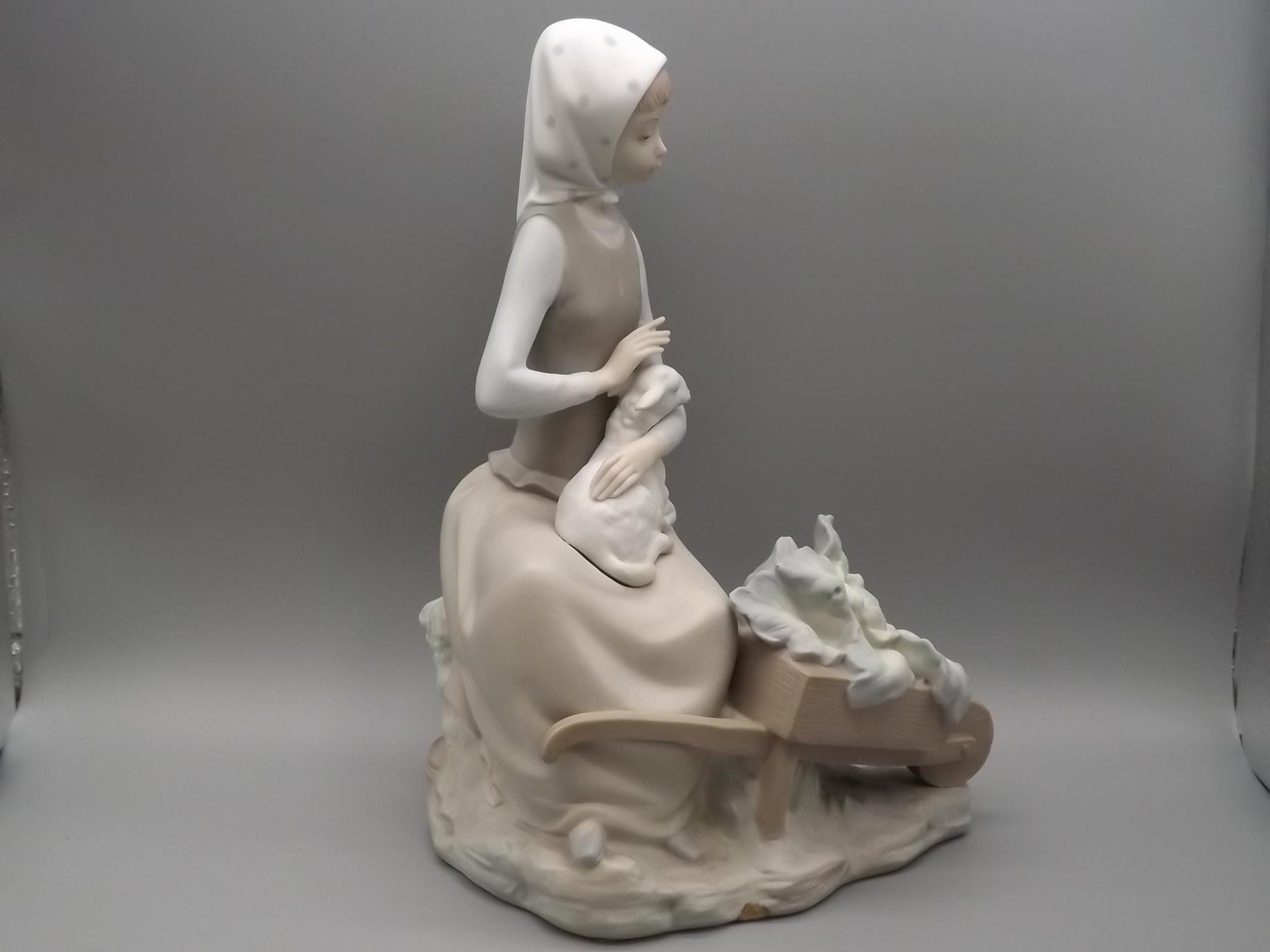 Vintage Lladro Figurine: Girl with Lamb & Wheelbarrow, Matte Finish #4816