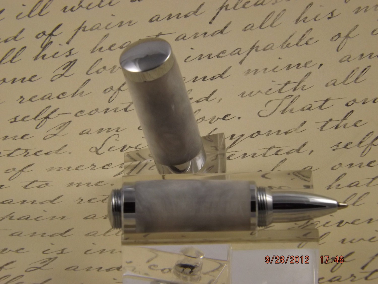 Handmade Pearlized White Lipstick sized Pen. White with Dark Accents.