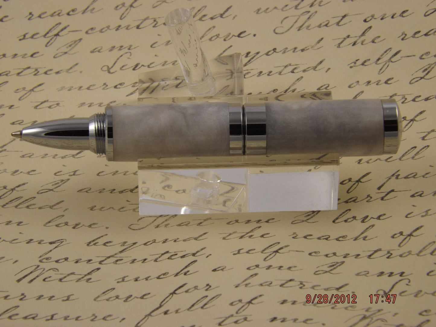 Handmade Pearlized White Lipstick sized Pen. White with Dark Accents.