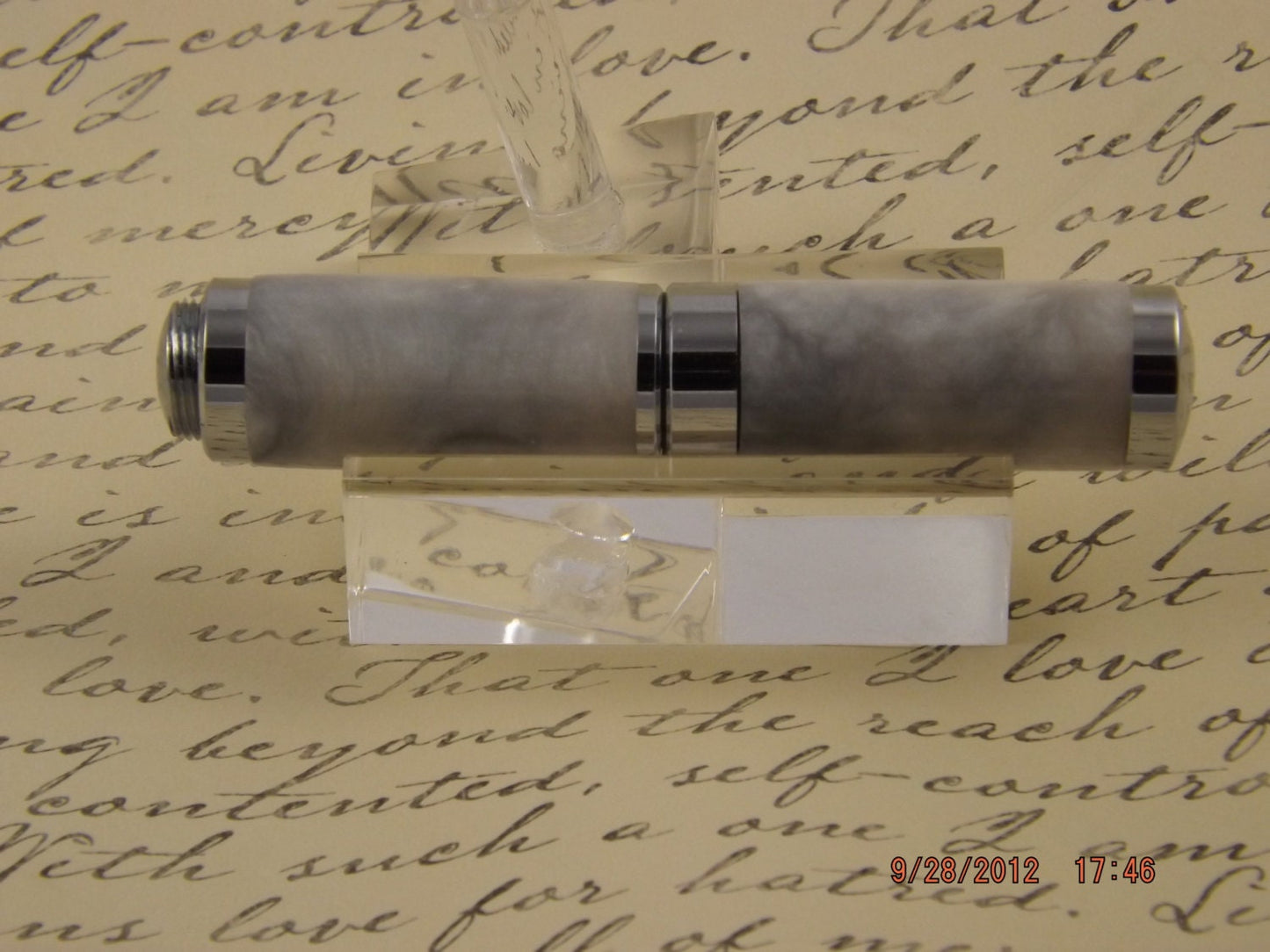 Handmade Pearlized White Lipstick sized Pen. White with Dark Accents.