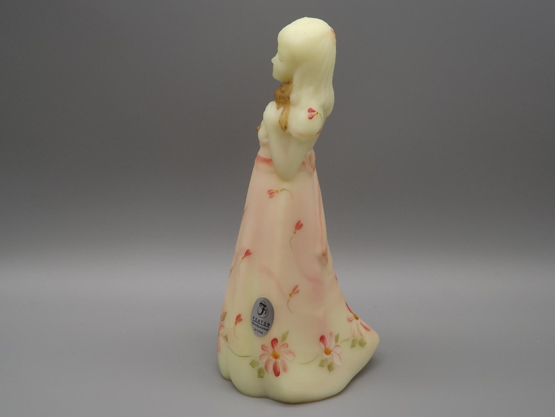 Vintage Fenton Little Sister Roselene Figure. Hand painted and signed by the artist M. Kibbe.