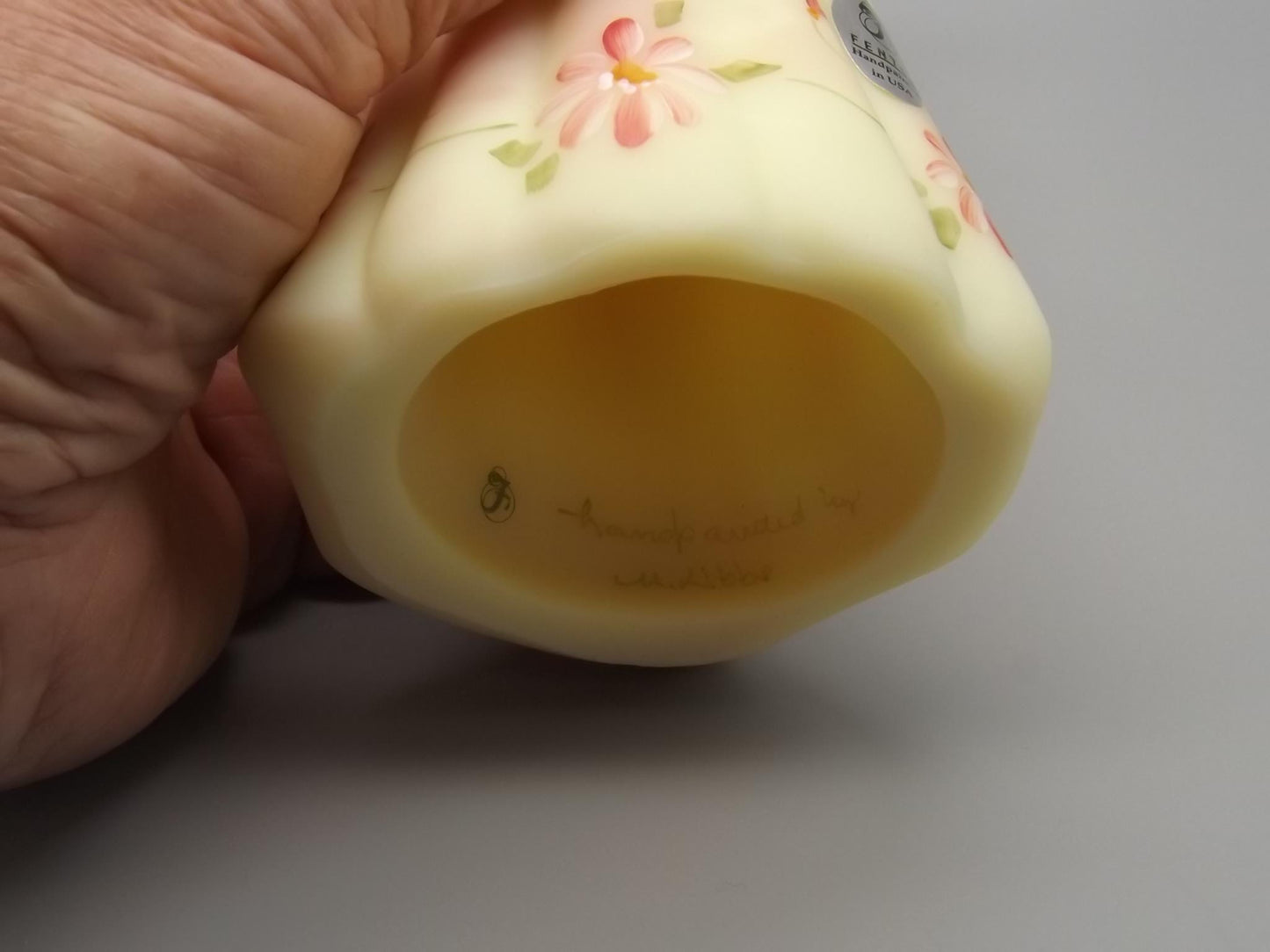 Vintage Fenton Little Sister Roselene Figure. Hand painted and signed by the artist M. Kibbe.