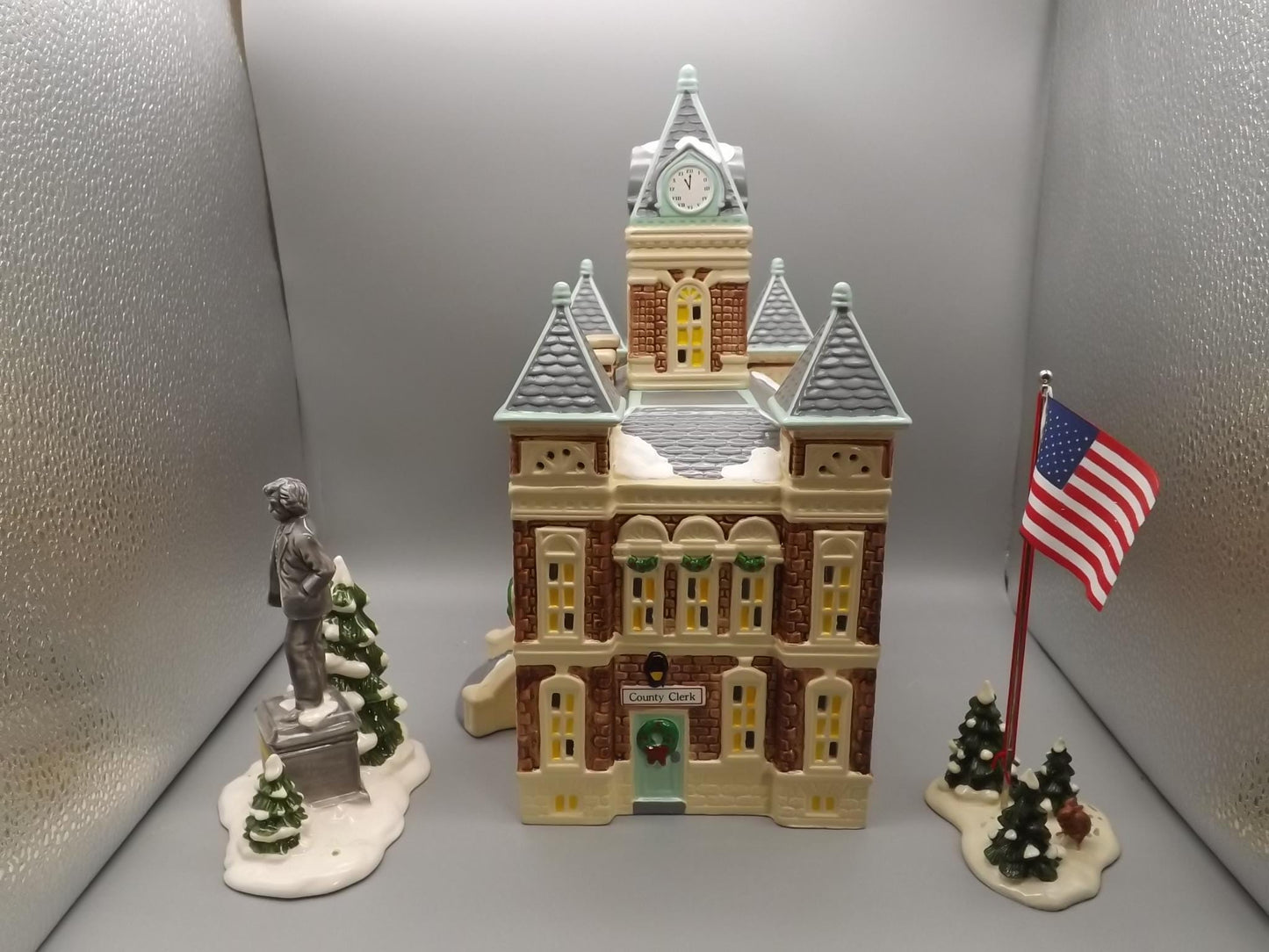 Vintage 1989 Snow Village "County Courthouse, Mark Twain, and Flag pole" Illuminated building seasonal display village scenes. With boxes.