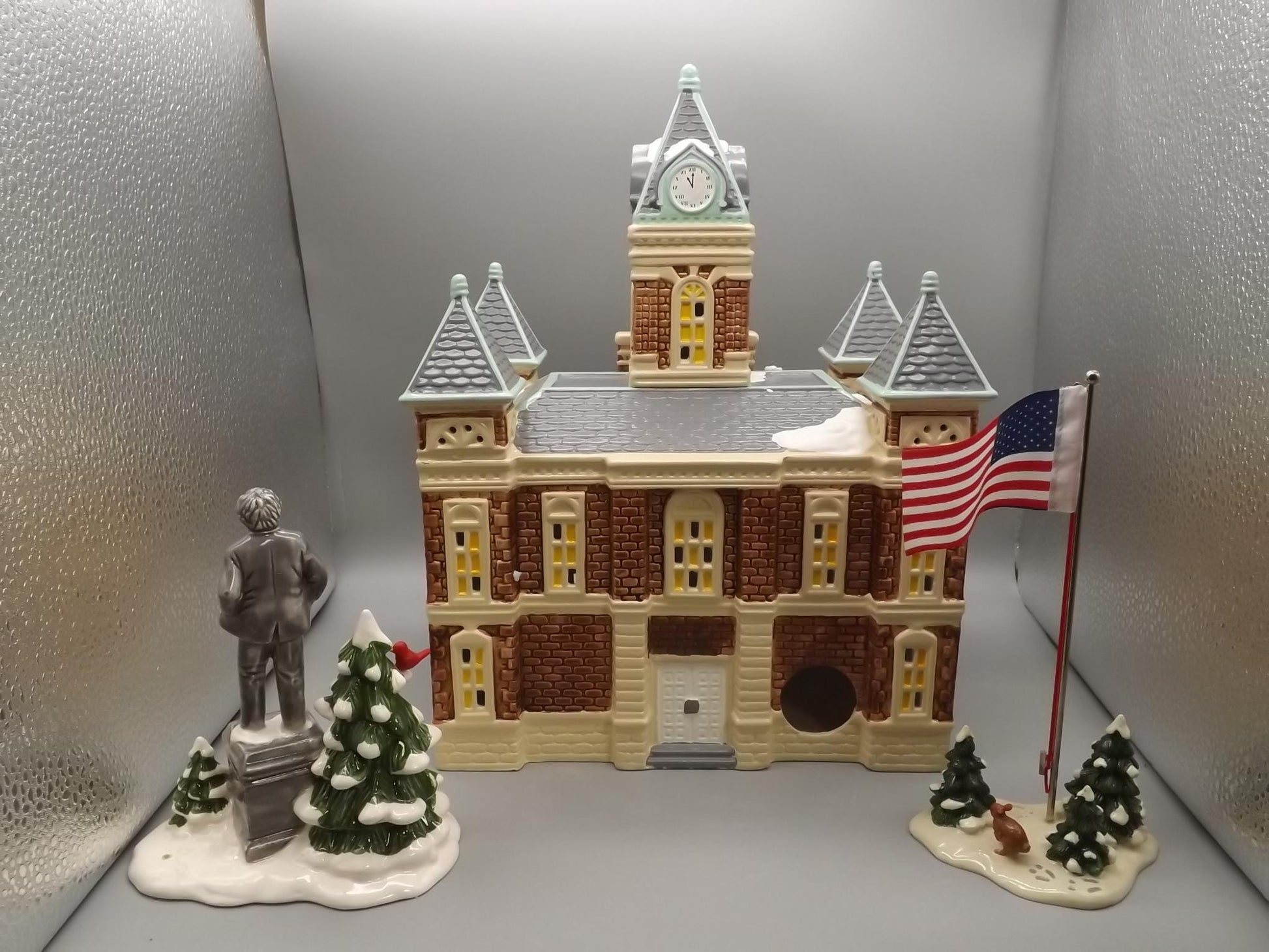 Vintage 1989 Snow Village "County Courthouse, Mark Twain, and Flag pole" Illuminated building seasonal display village scenes. With boxes.