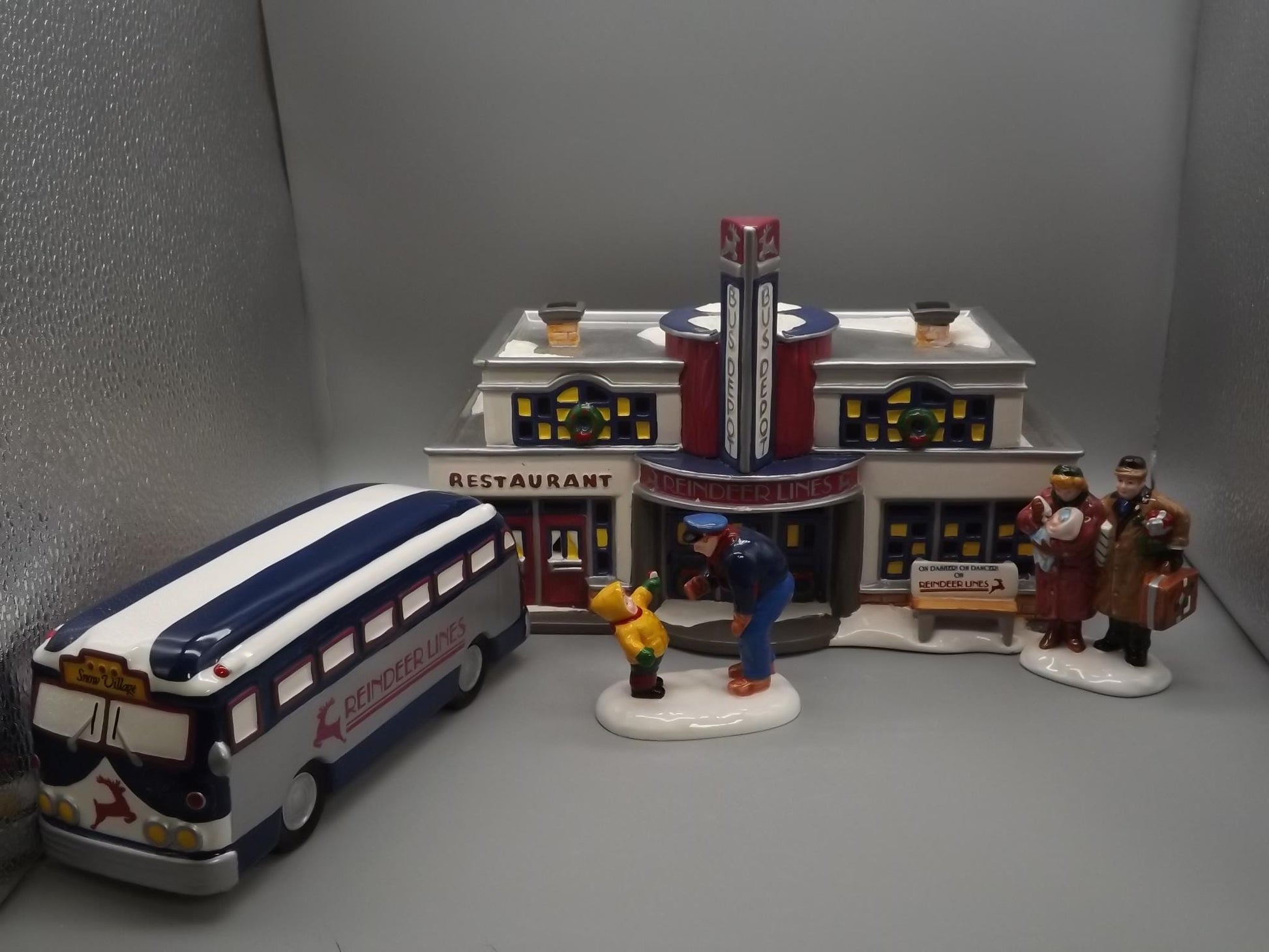 Vintage 1996 Snow Village Reindeer Bus Depot with Boxes
