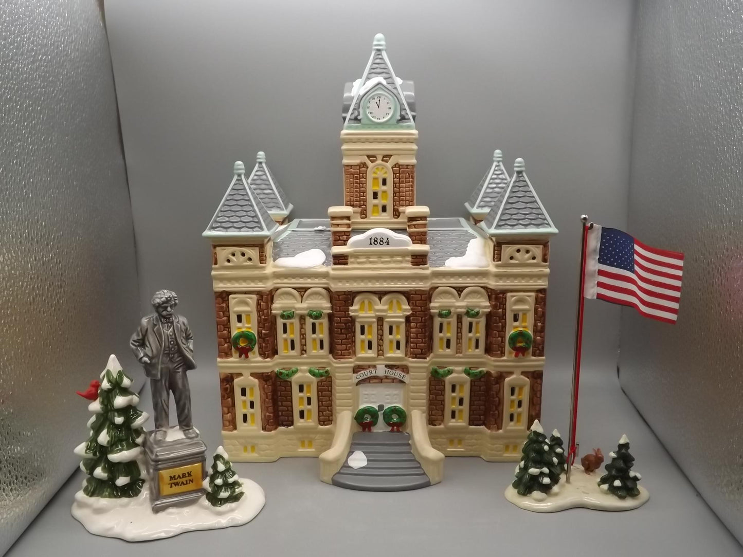 Vintage 1989 Snow Village "County Courthouse, Mark Twain, and Flag pole" Illuminated building seasonal display village scenes. With boxes.