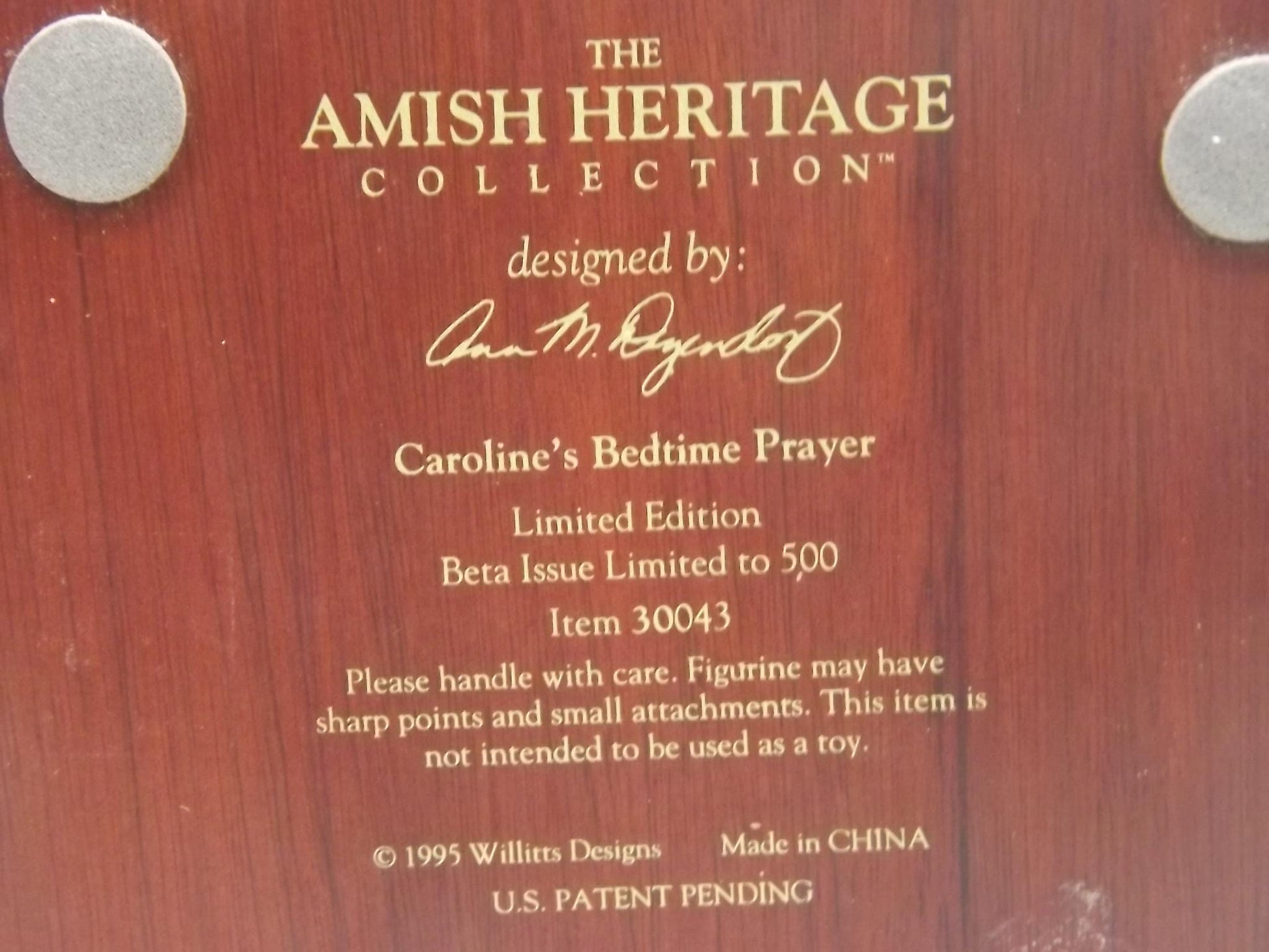 Willits Amish Heritage Figurine: Caroline's Bedtime Prayer, Limited Edition