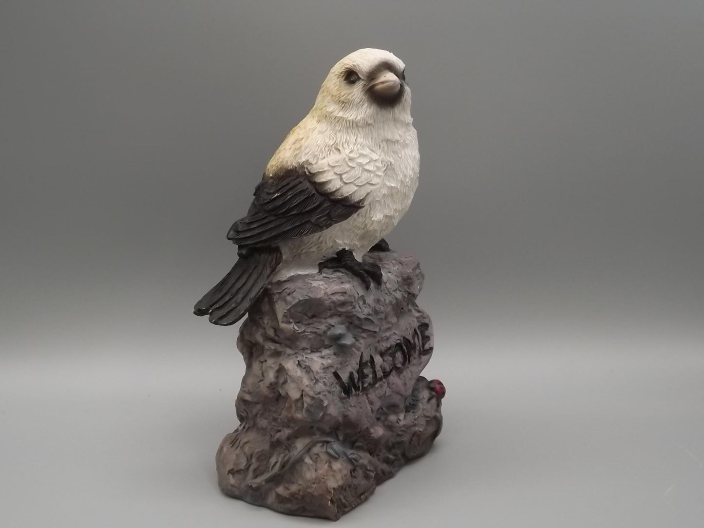 Bird Figurine on Welcome Sign: Black and White Feathered Friend Gift