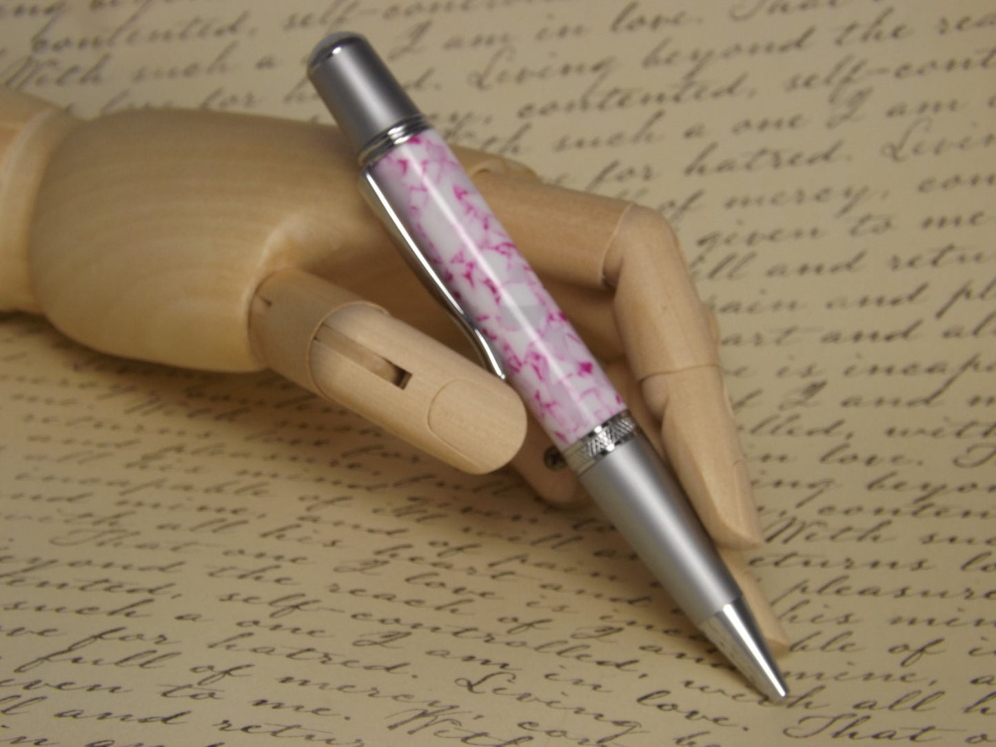 Handmade Pink pebble acrylic Pen, Sierra Vista style two tone chrome pen.