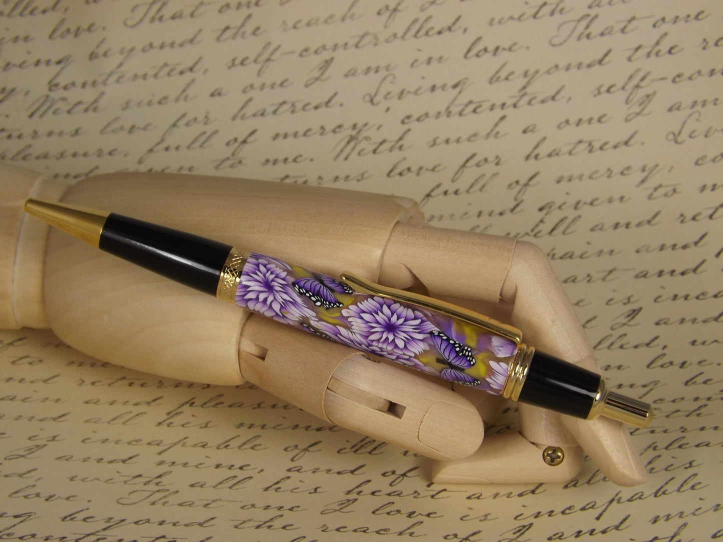Handmade 24KT Gold Plated Pen: Purple Butterfly Polymer Clay