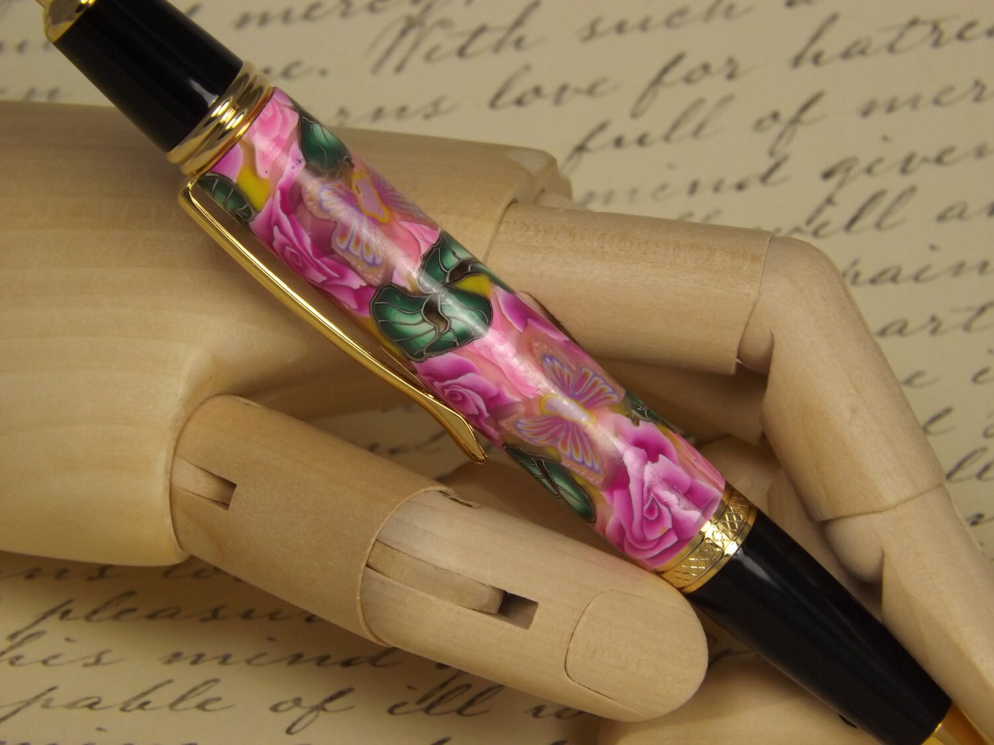 Handmade 24KT Gold Plated Pen: Pink Flower Polymer Clay