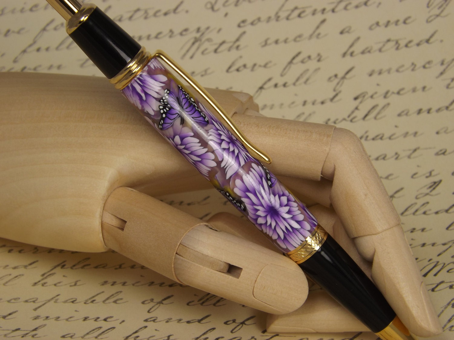 Handmade 24KT Gold Plated Pen: Purple Butterfly Polymer Clay