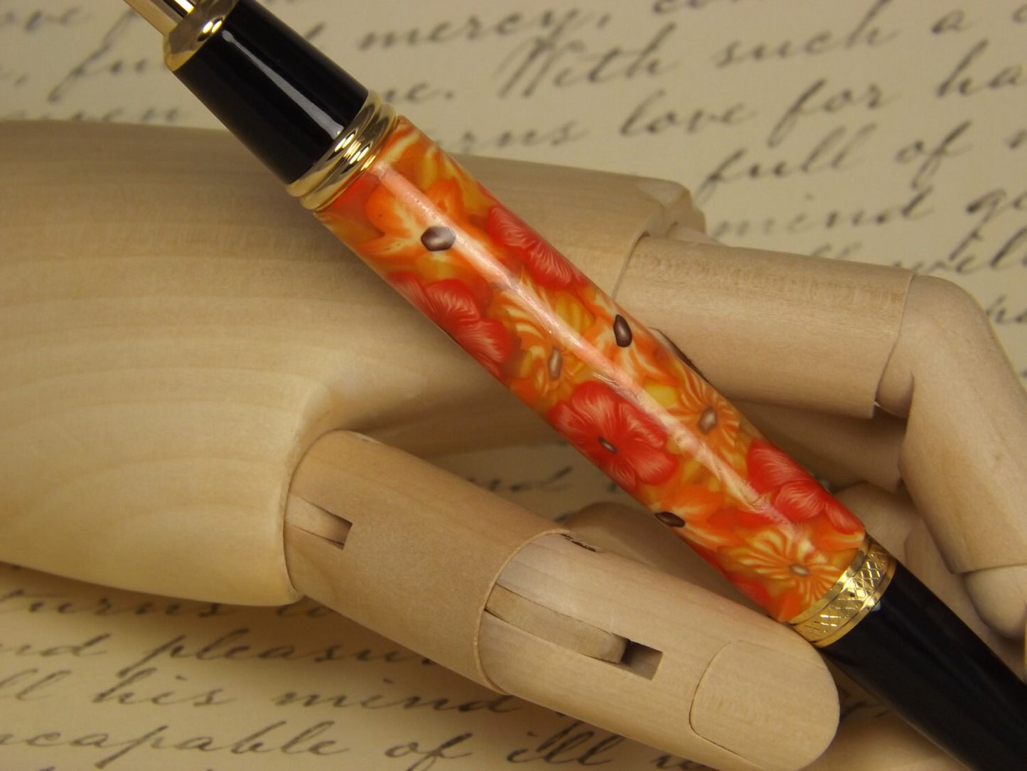 Handmade 24KT Gold Plated Pen: Orange Flower Polymer Clay