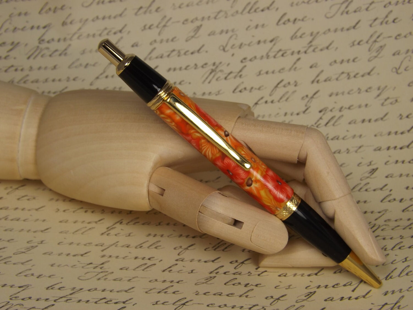 Handmade 24KT Gold Plated Pen: Orange Flower Polymer Clay