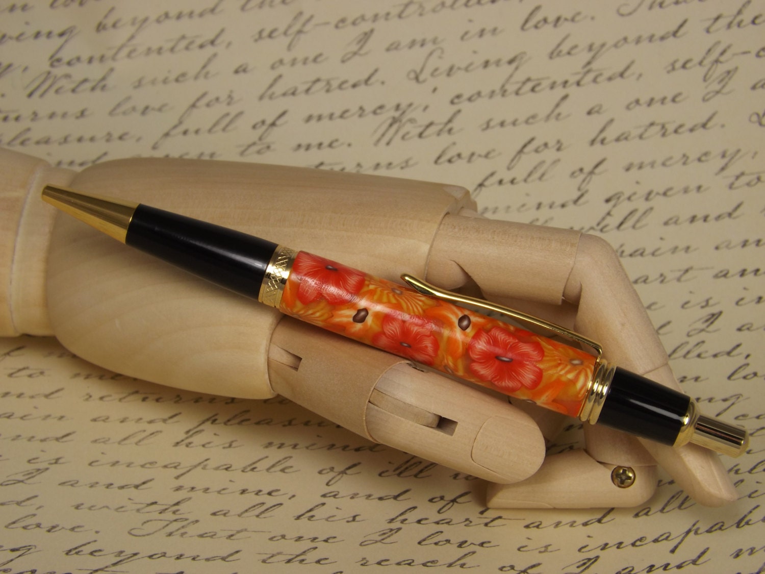 Handmade 24KT Gold Plated Pen: Orange Flower Polymer Clay
