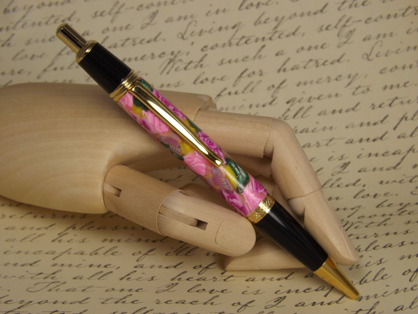 Handmade 24KT Gold Plated Pen: Pink Flower Polymer Clay