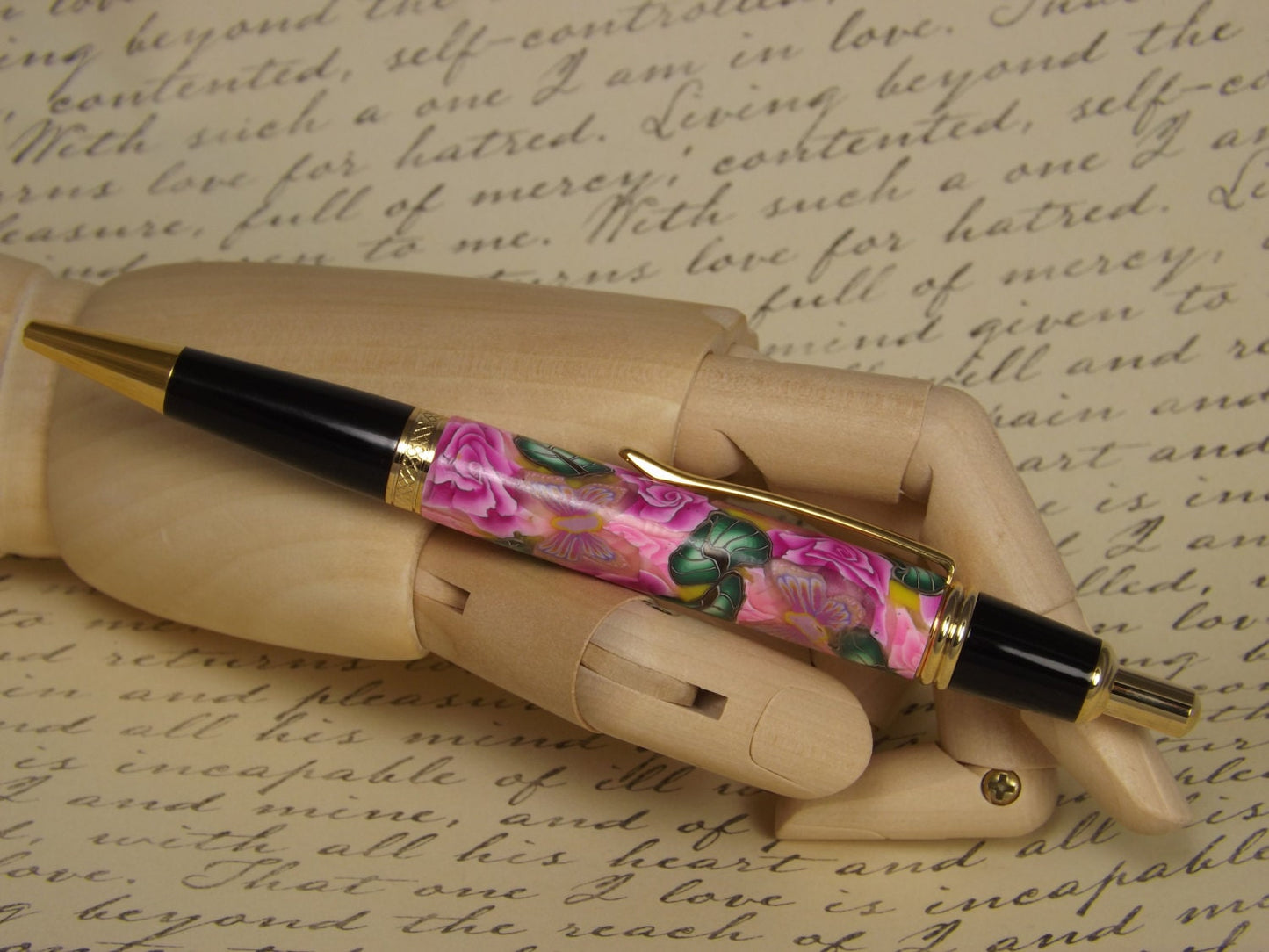 Handmade 24KT Gold Plated Pen: Pink Flower Polymer Clay