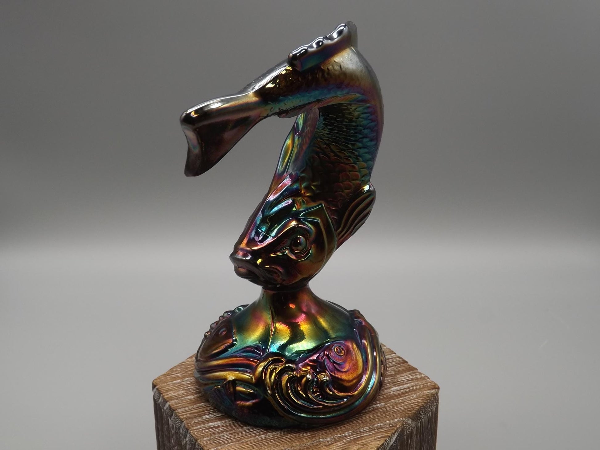 Vintage Fenton Hand painted Amethyst Iridescent Carnival glass Koi/Trout Figure. Made in the 1970's.