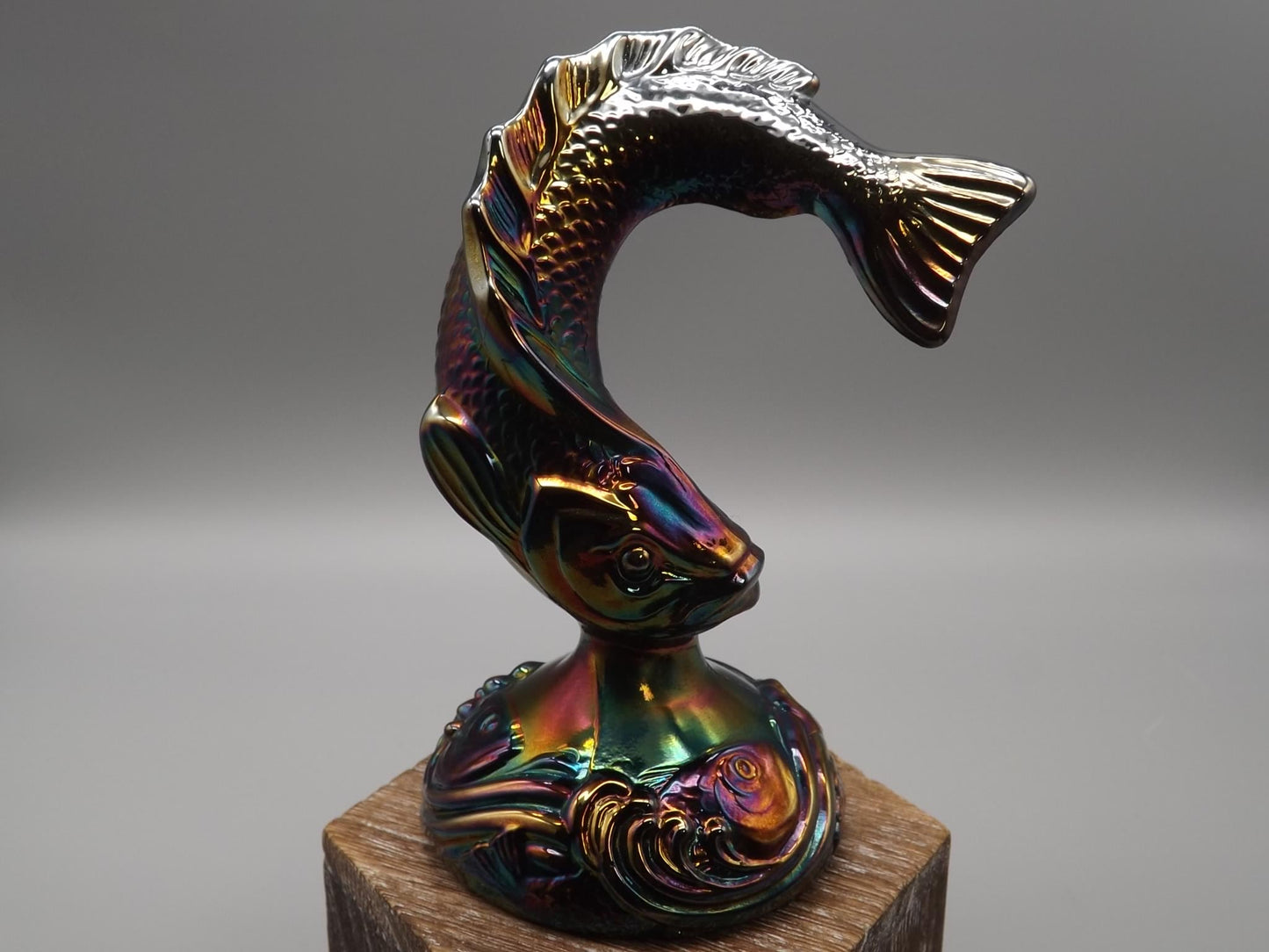 Vintage Fenton Hand painted Amethyst Iridescent Carnival glass Koi/Trout Figure. Made in the 1970's.